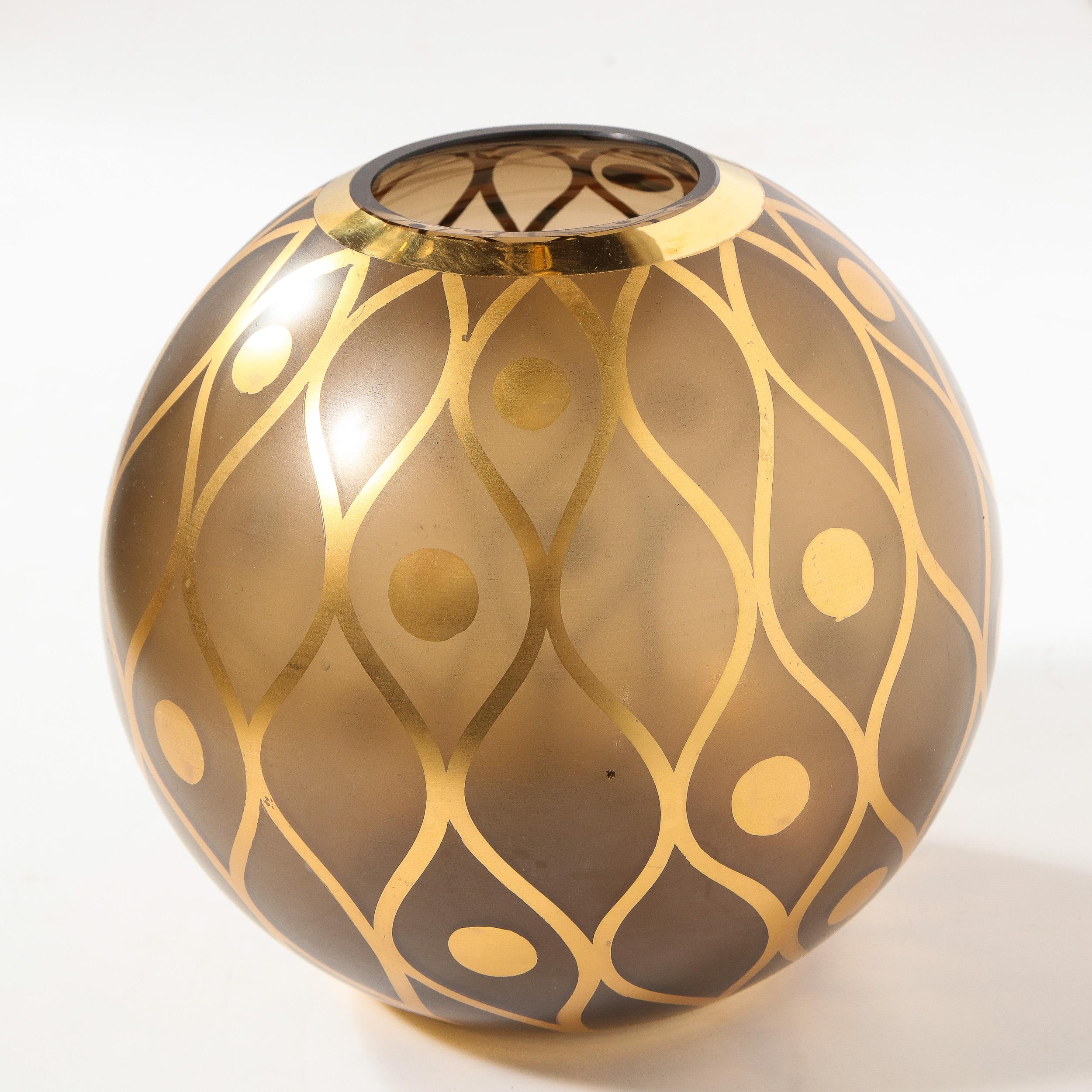 Mid-20th Century Mid-Century Modern Spherical Smoked Glass Vase with Curvilinear Gilded Detailing