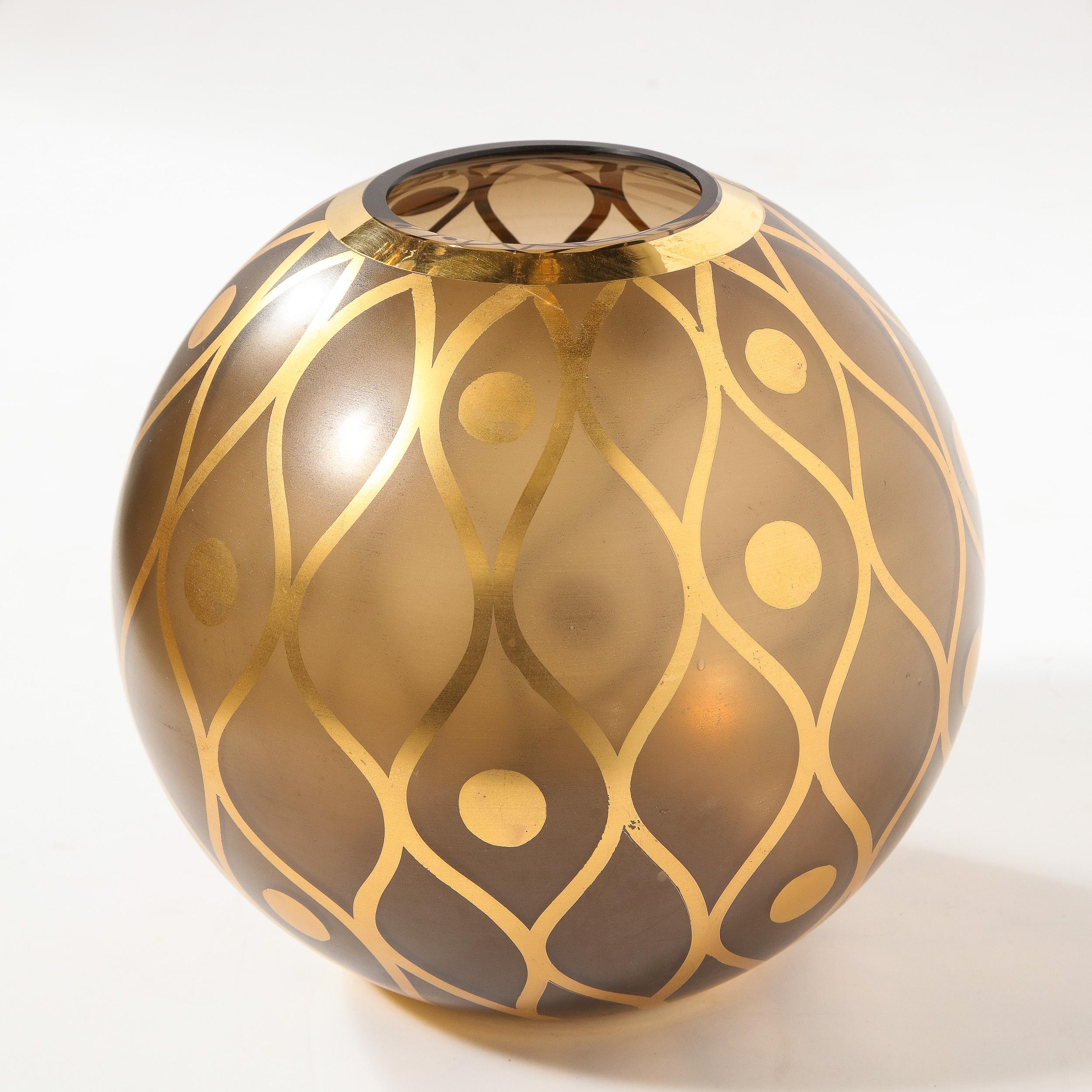 Gold Mid-Century Modern Spherical Smoked Glass Vase with Curvilinear Gilded Detailing