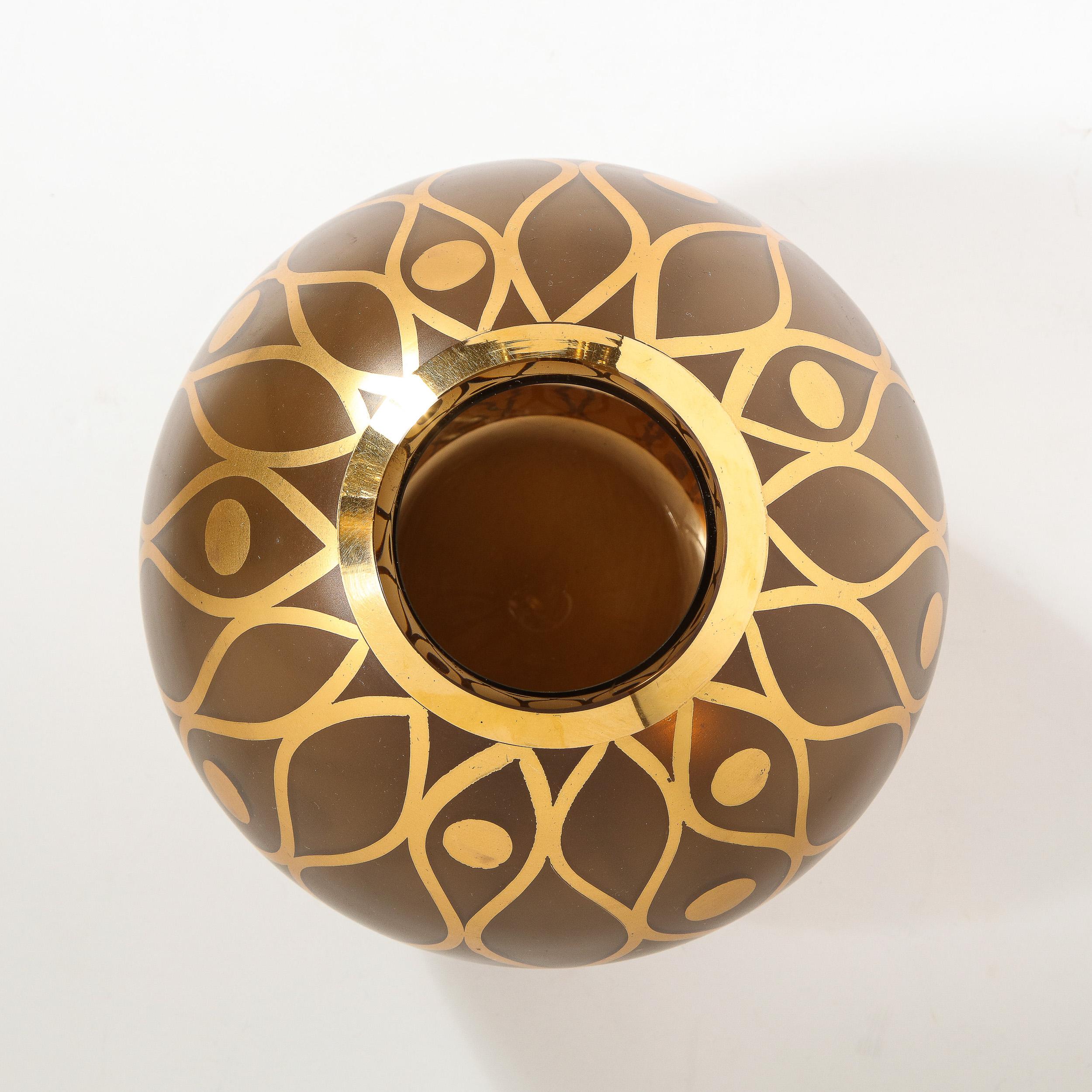 Mid-Century Modern Spherical Smoked Glass Vase with Curvilinear Gilded Detailing 1