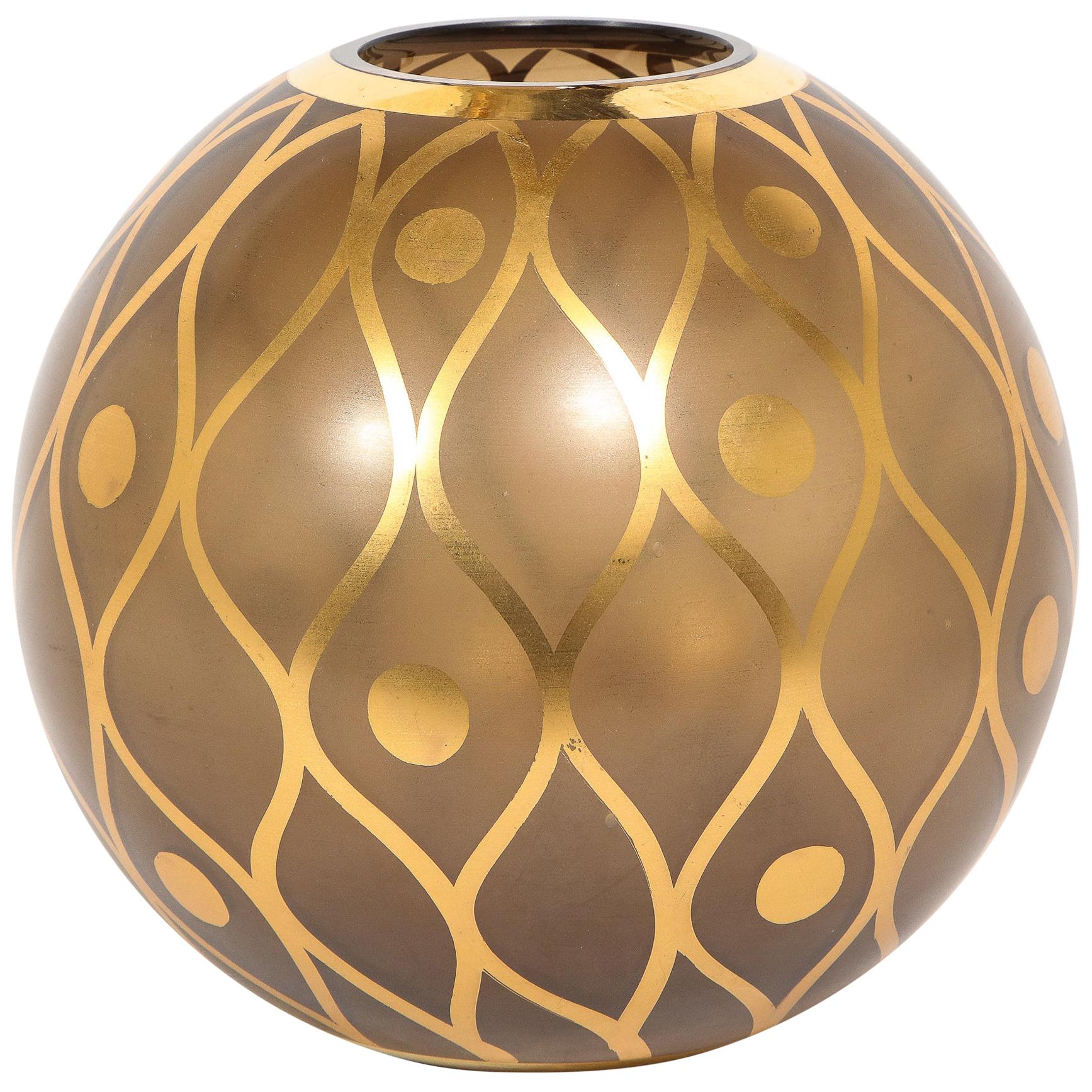 Mid-Century Modern Spherical Smoked Glass Vase with Curvilinear Gilded Detailing