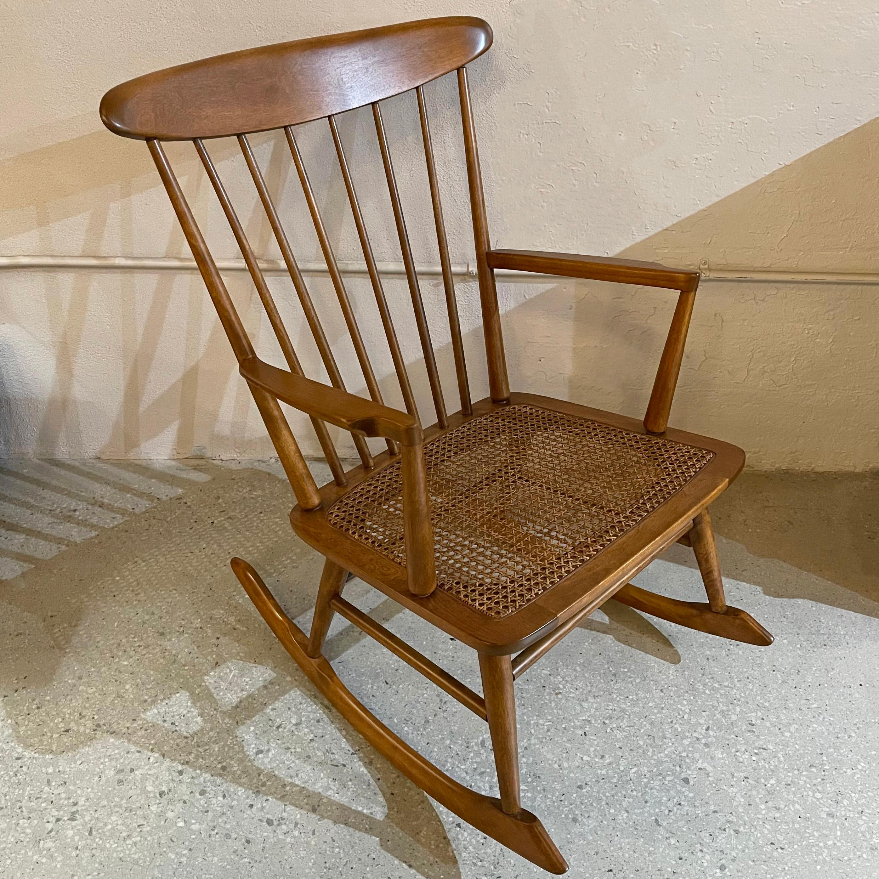 20th Century Mid-Century Modern Spindle Back Cane Seat Rocking Chair For Sale