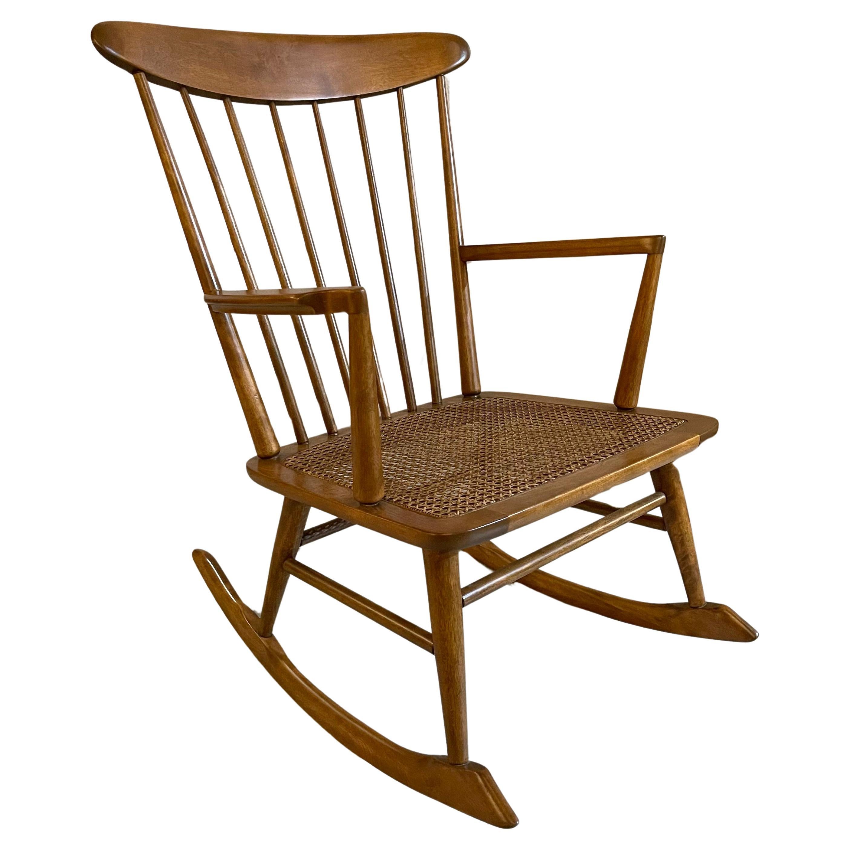 Mid-Century Modern Spindle Back Cane Seat Rocking Chair For Sale