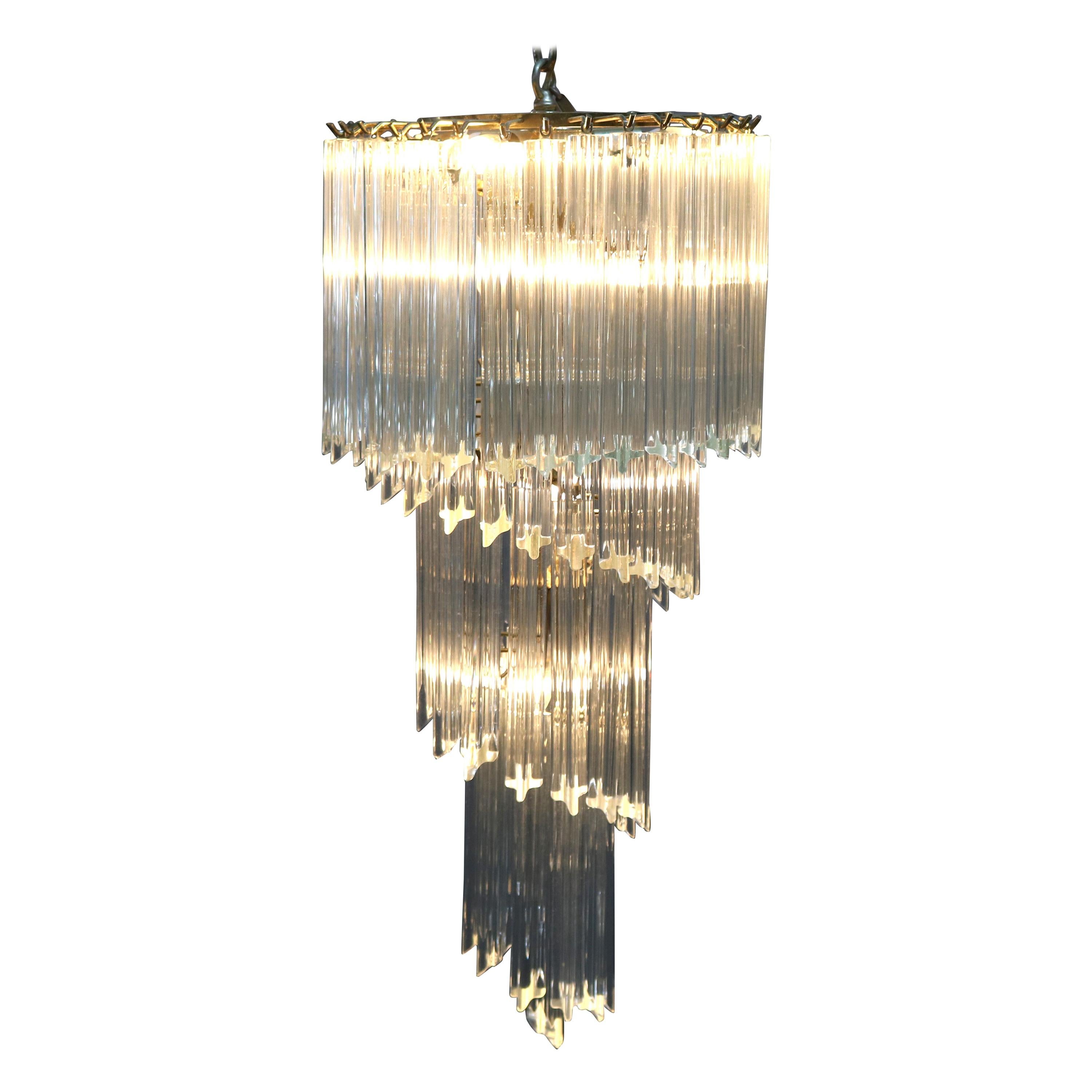 Mid-Century Modern Spiral Eight-Light Brass and Crystal Icicle Chandelier