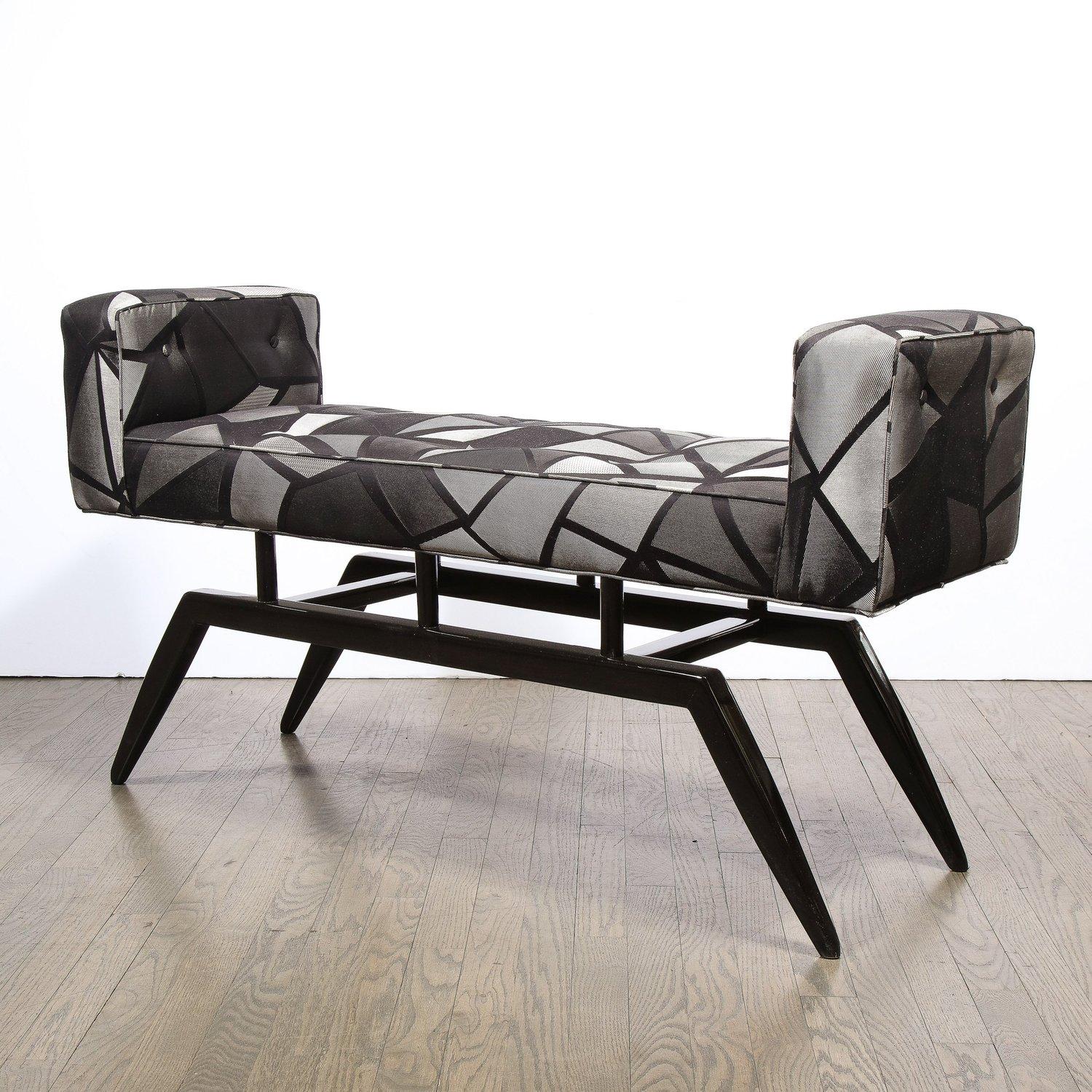 Fabric Mid-Century Modern Splayed Floating Bench with Button Details For Sale