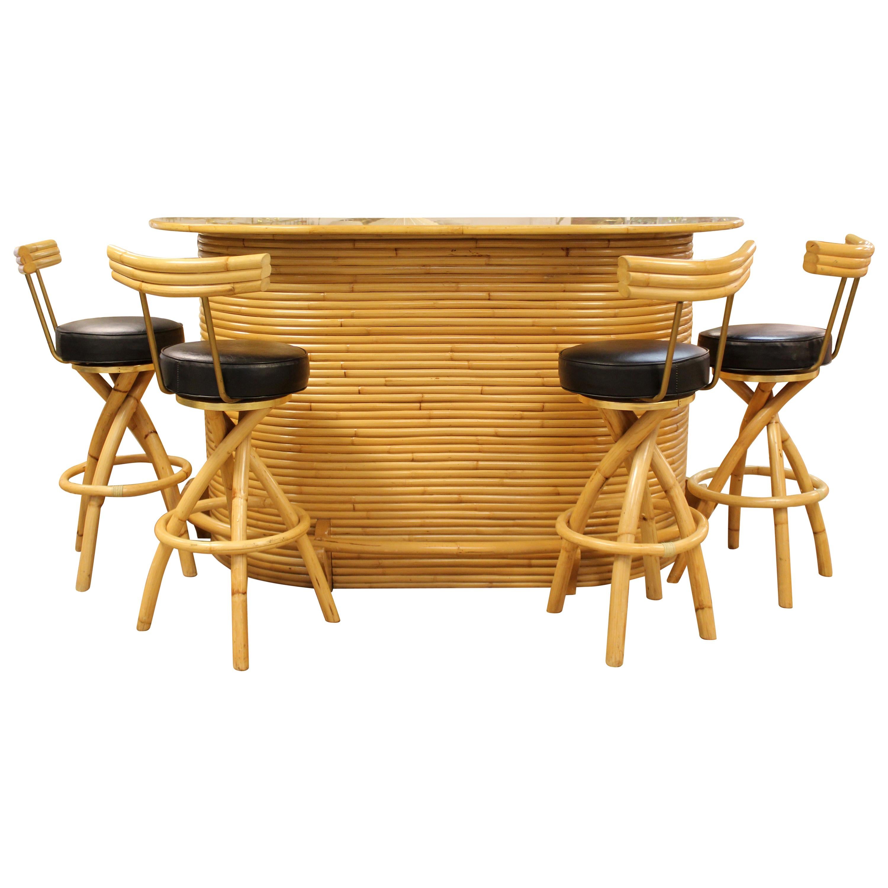 Mid-Century Modern Split Reed Bamboo Bar & 4 Barstools