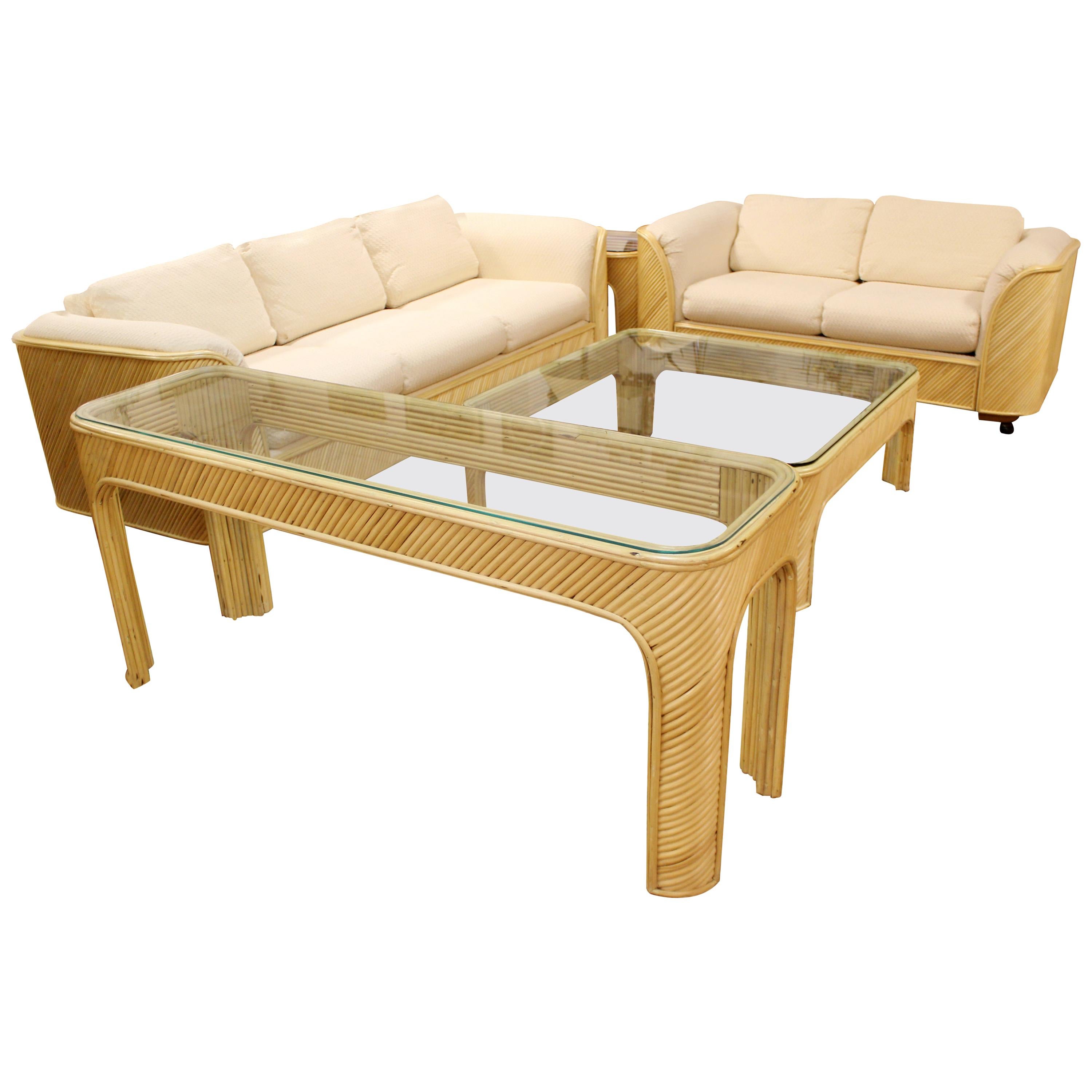 Mid-Century Modern Split Reed Bamboo Set Sofa Loveseat Coffee Console Side Table