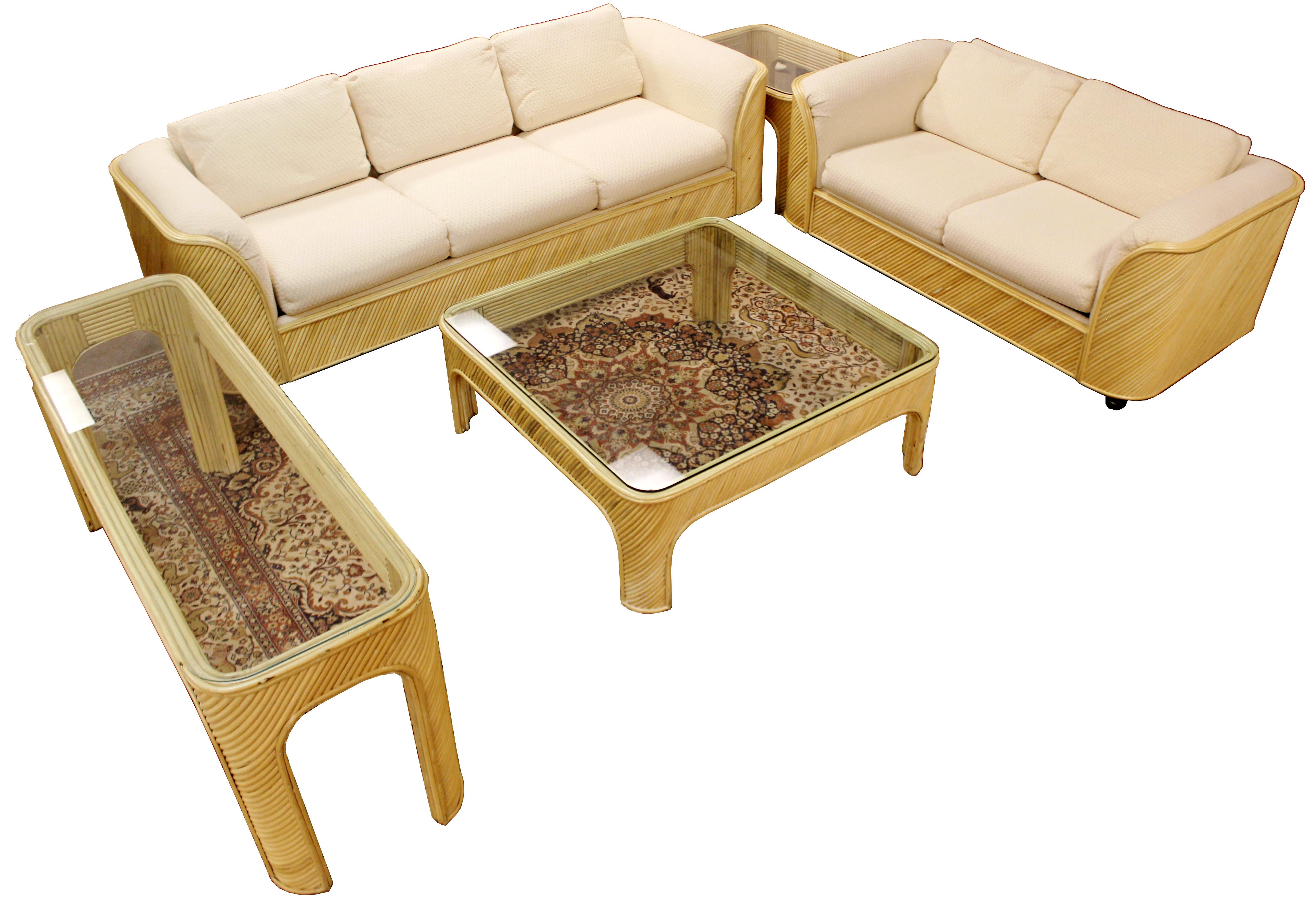 For your consideration is a magnificent 5 piece living room set, made of split reed bamboo, circa 1970s. The set includes sofa and loveseat, coffee table, side table and console table. In excellent vintage condition. The dimensions are of the