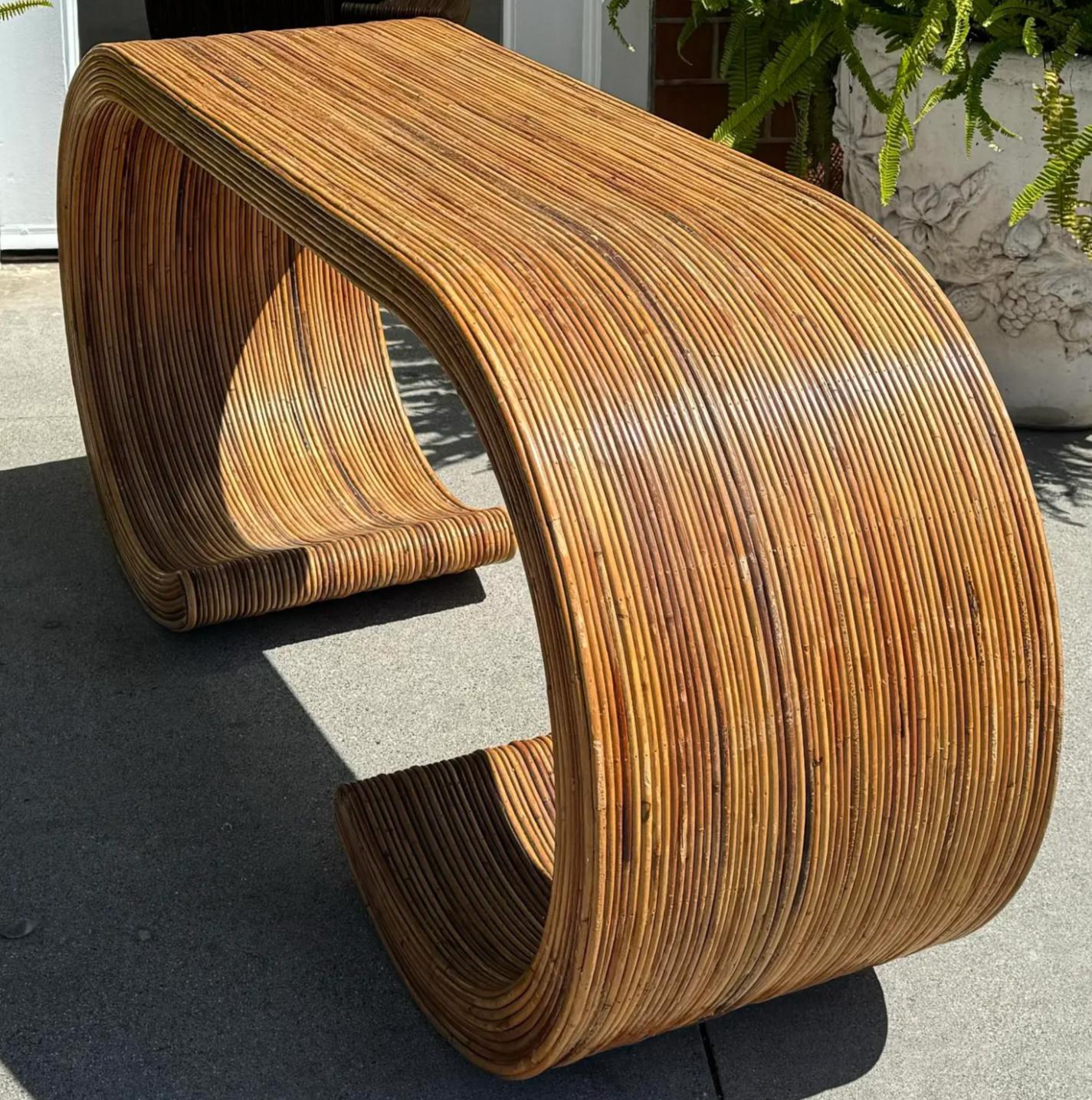 Mid Century Modern Split Reed Bamboo Waterfall Scroll Console Table. 