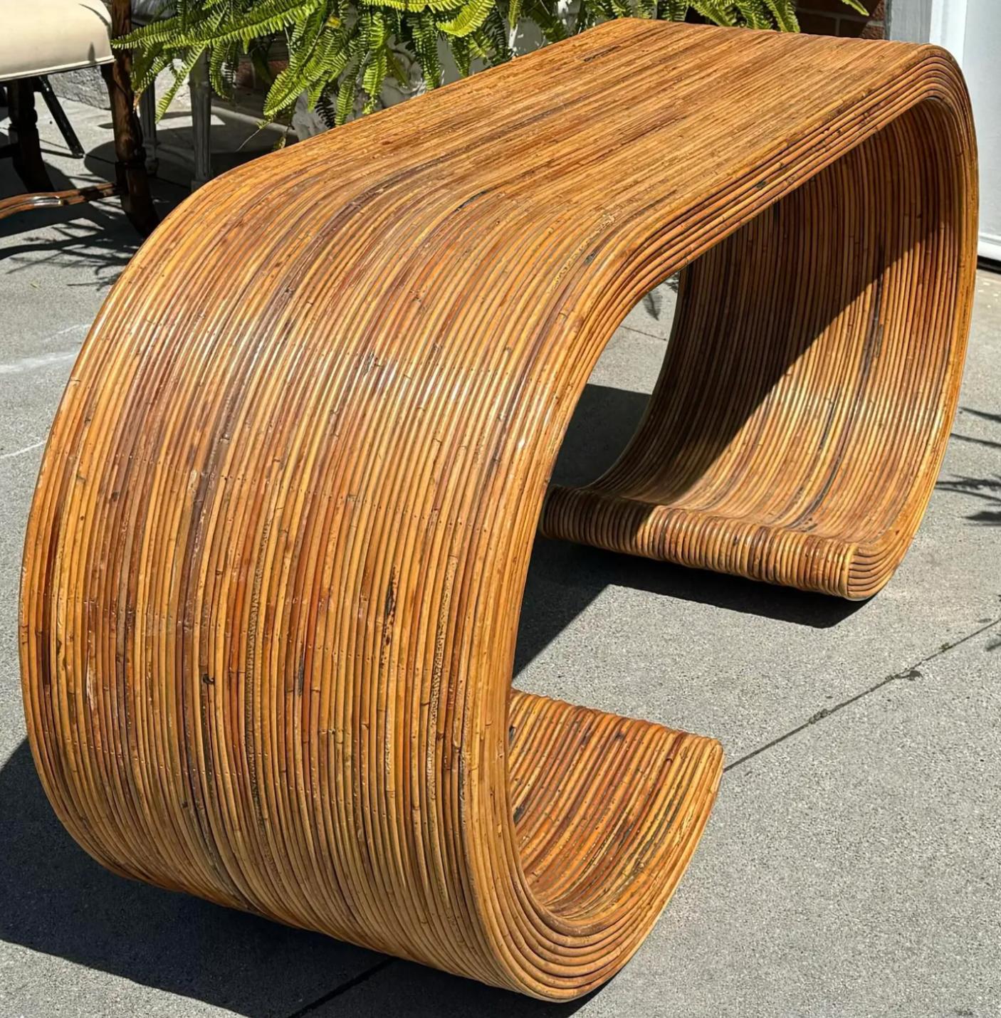 Mid-Century Modern Mid Century Modern Split Reed Bamboo Waterfall Scroll Console Table For Sale