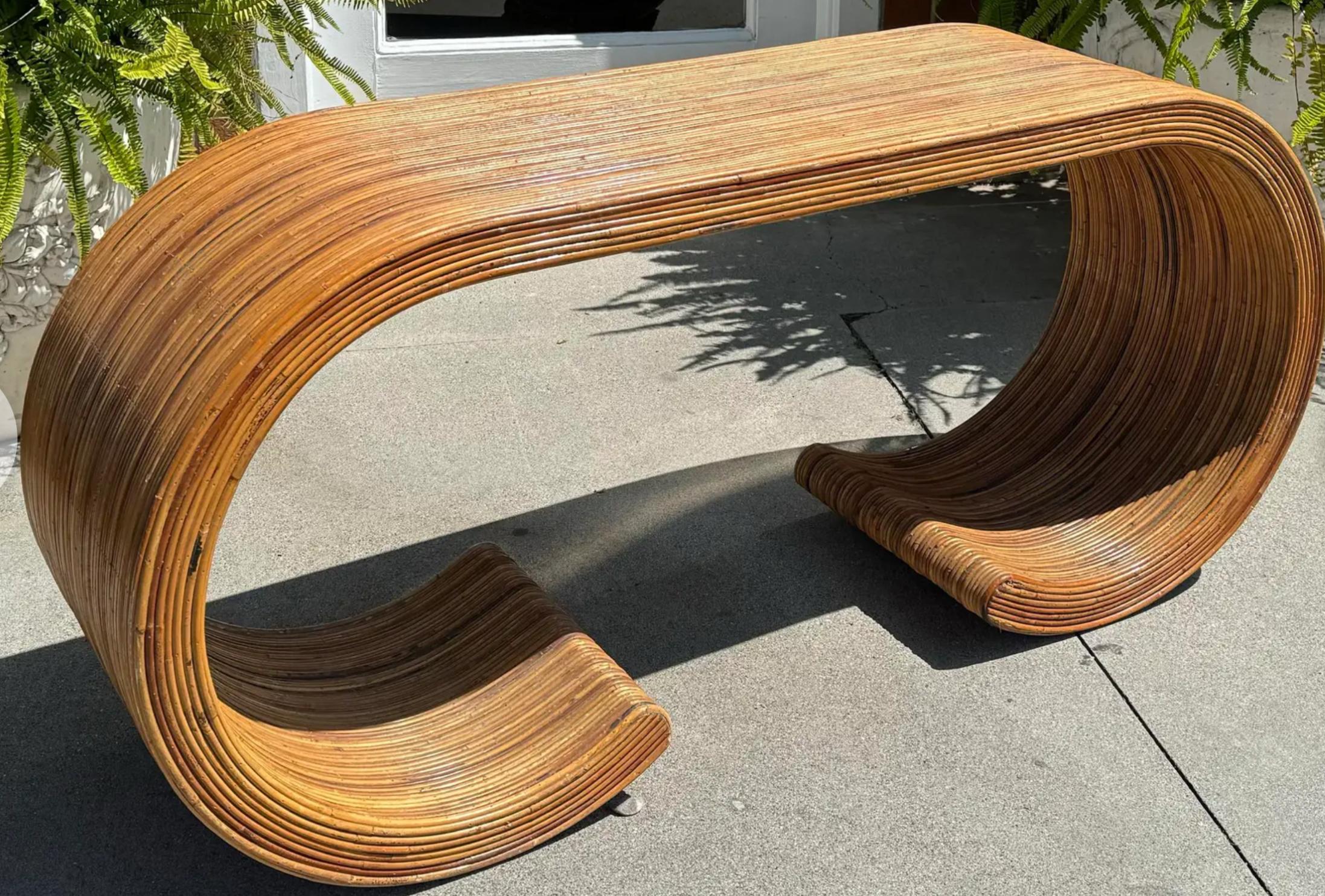 American Mid Century Modern Split Reed Bamboo Waterfall Scroll Console Table For Sale
