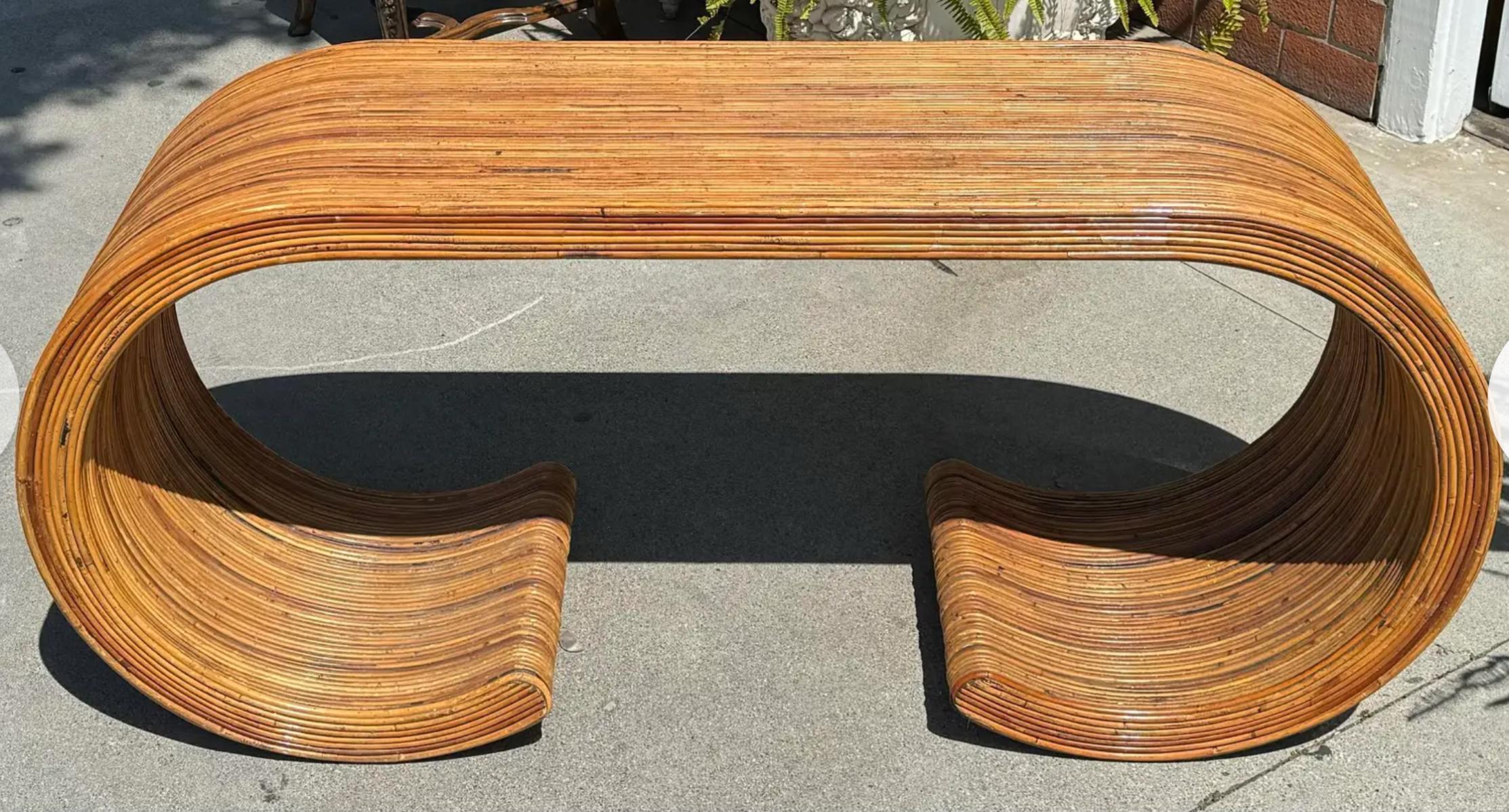 Mid Century Modern Split Reed Bamboo Waterfall Scroll Console Table In Good Condition For Sale In LOS ANGELES, CA