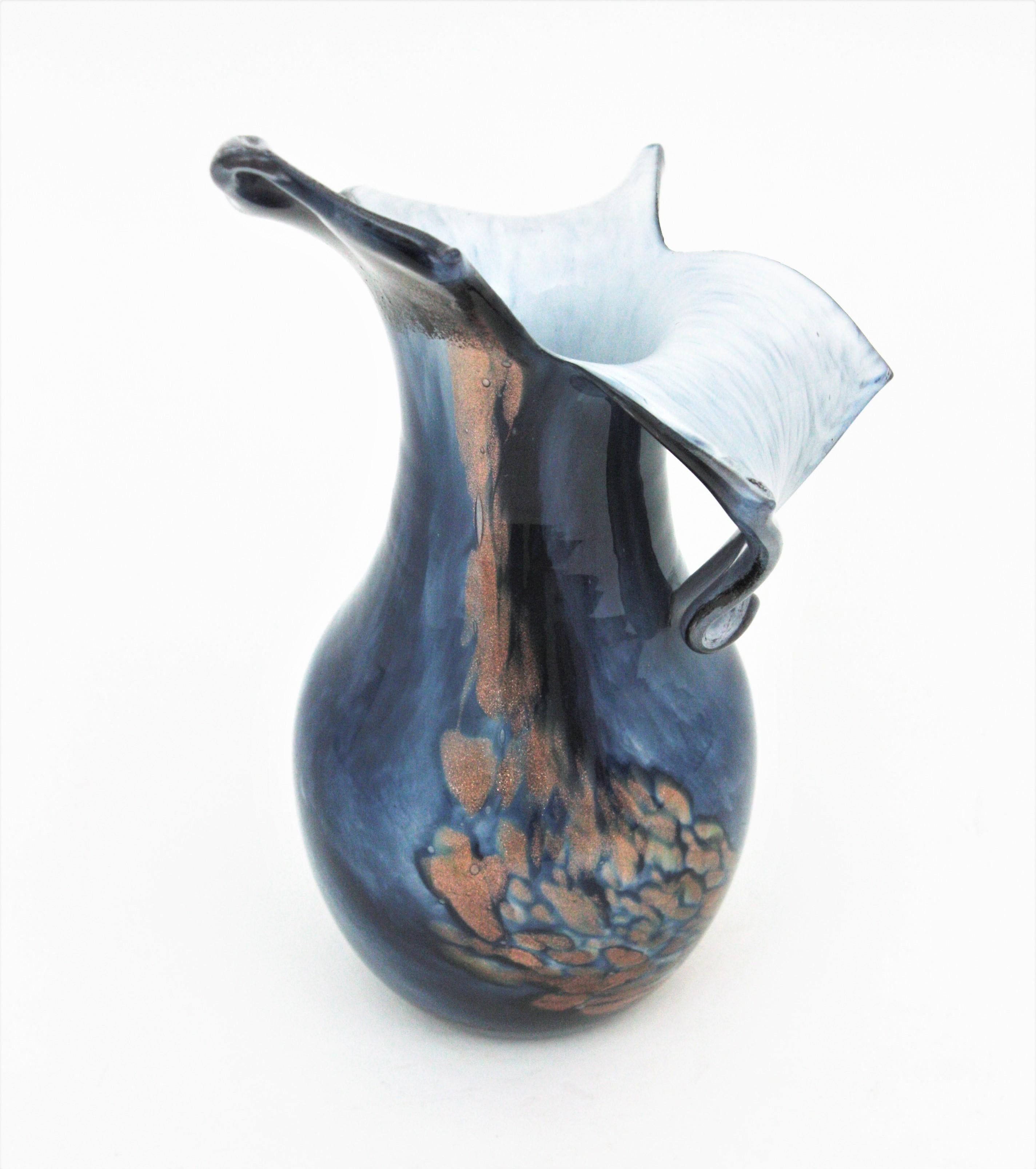 European Mid-Century Modern Spotted Blue Art Glass Vase with Copper Flecks For Sale