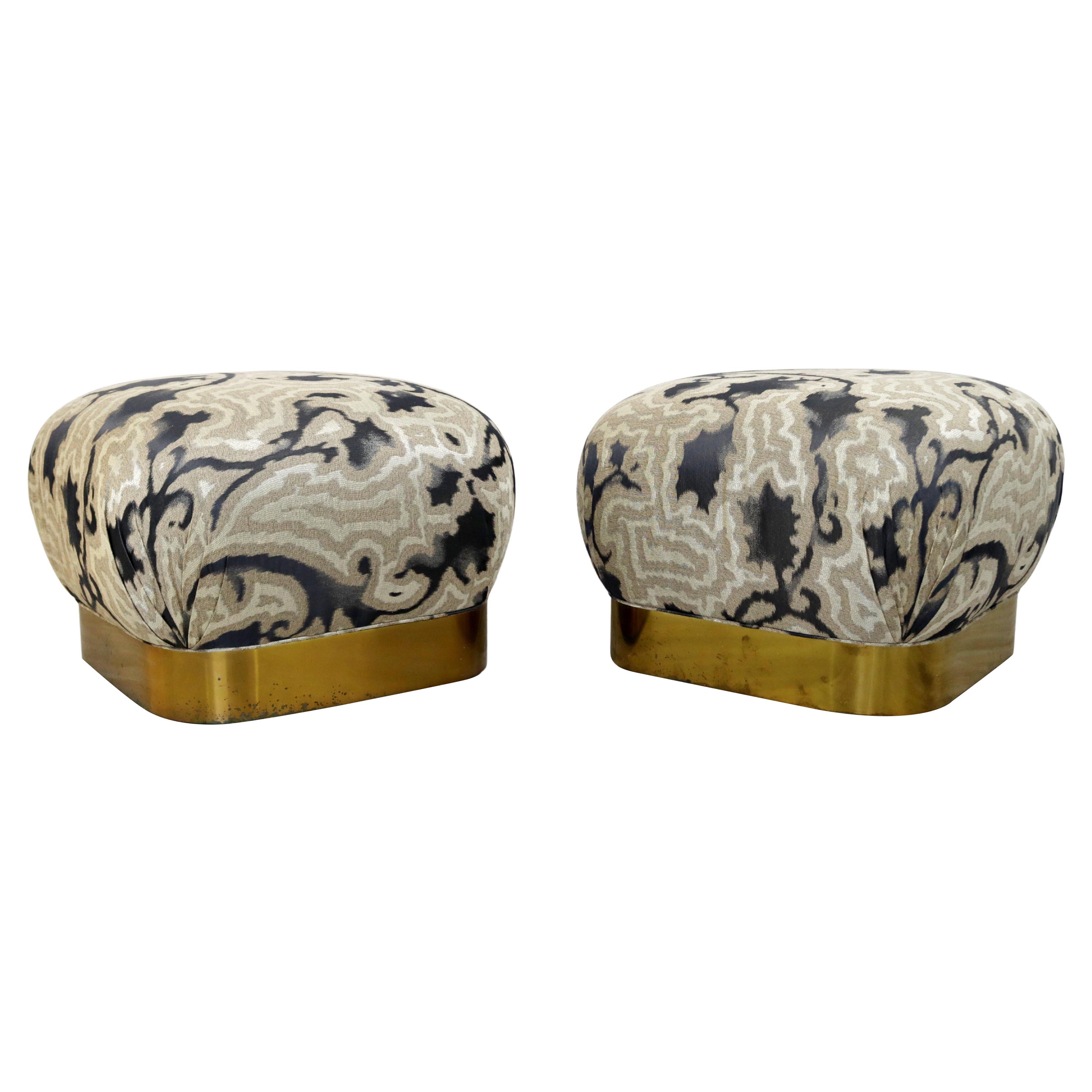 Mid-Century Modern Springer Pair of Brass Base Poufs Ottomans Seats, 1980s