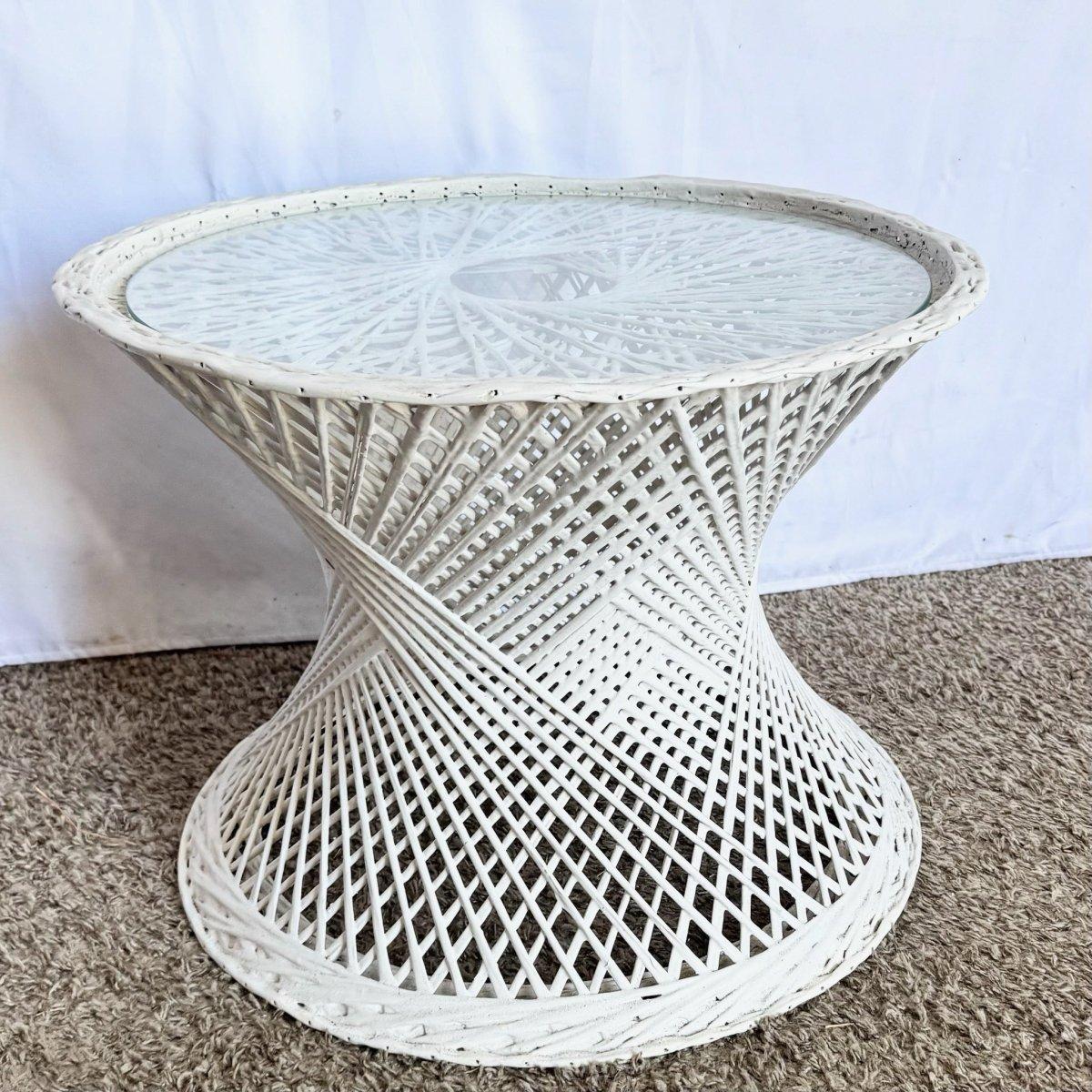 Mid‑Century Spun Fiberglass Side Table brings sculptural retro charm with airy lattice design and sleek glass surface.
 

 We sell items as acquired, without restoring or repairing. Vintage pieces may have age-related wear. Review photos carefully,