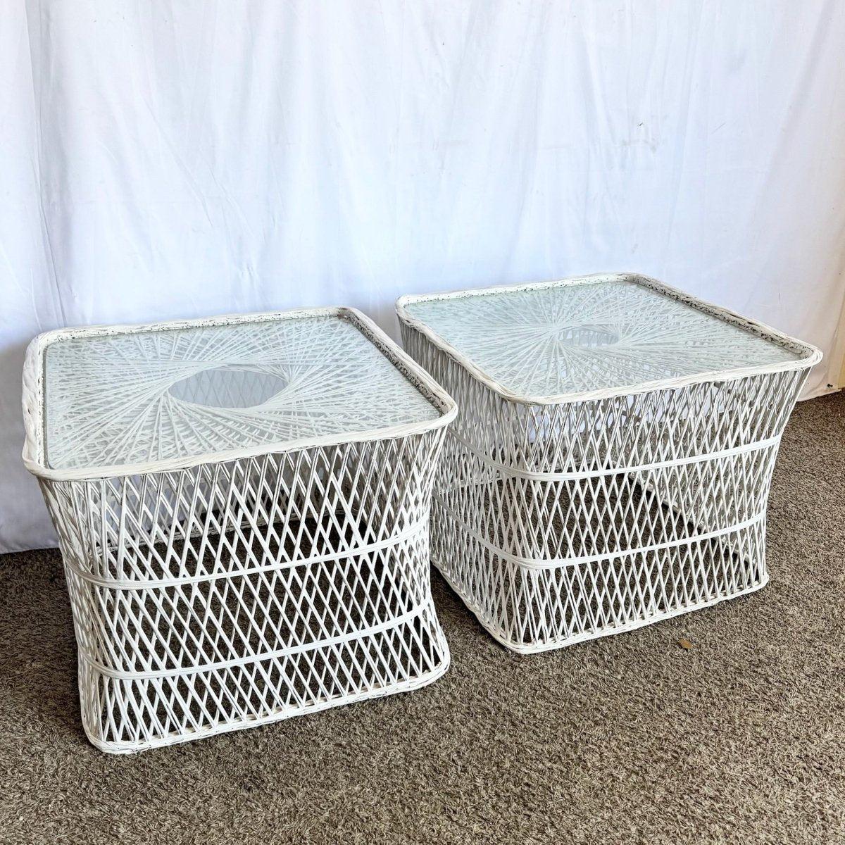 Mid‑Century Spun Fiberglass Side Tables bring airy sculptural charm and retro coastal style with lattice design and glass surfaces.
 

 We sell items as acquired, without restoring or repairing. Vintage pieces may have age-related wear. Review