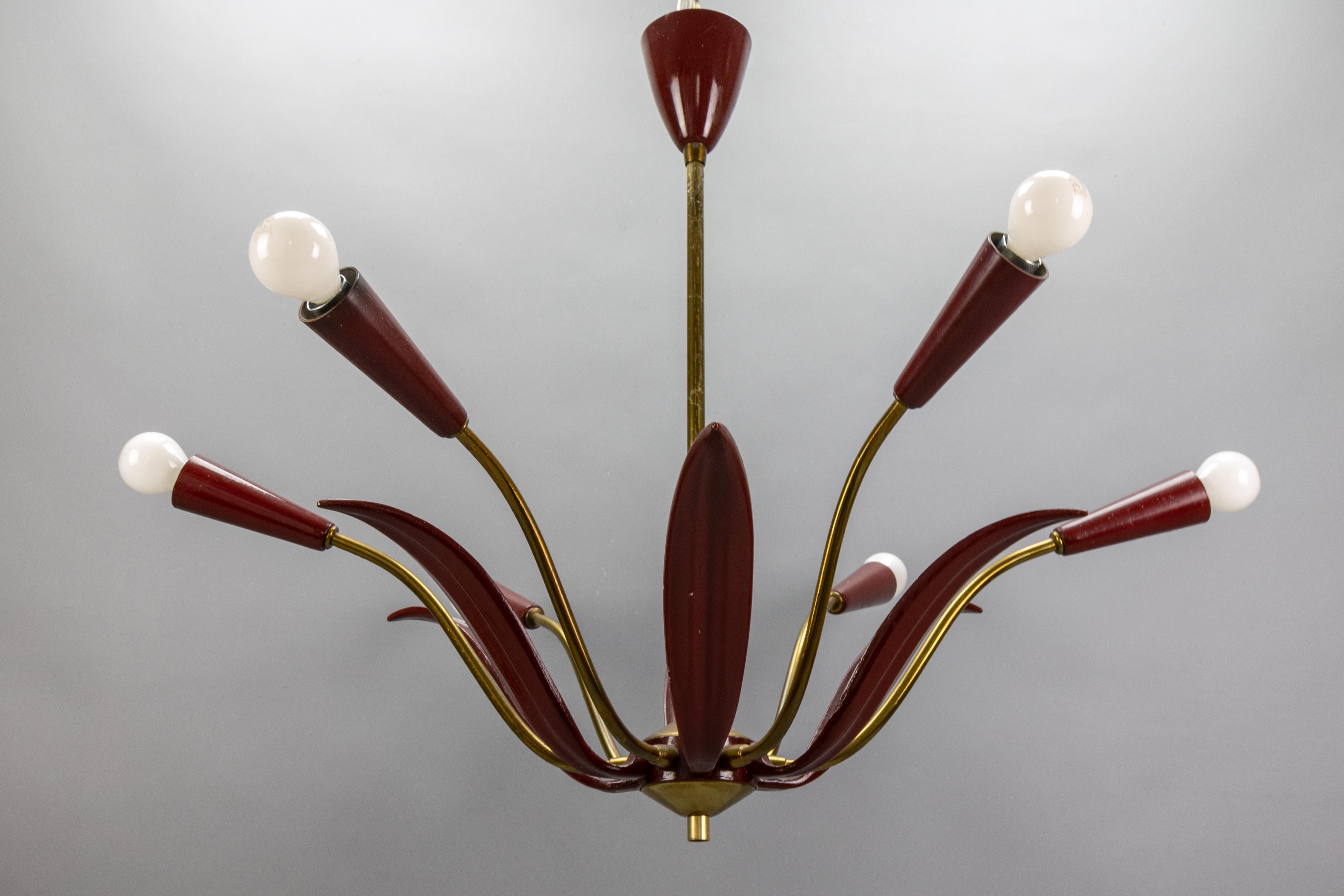 Lampadario Sputnik Modern di metà secolo in rosso e ottone, design a sei luci con fiori in vendita 6
