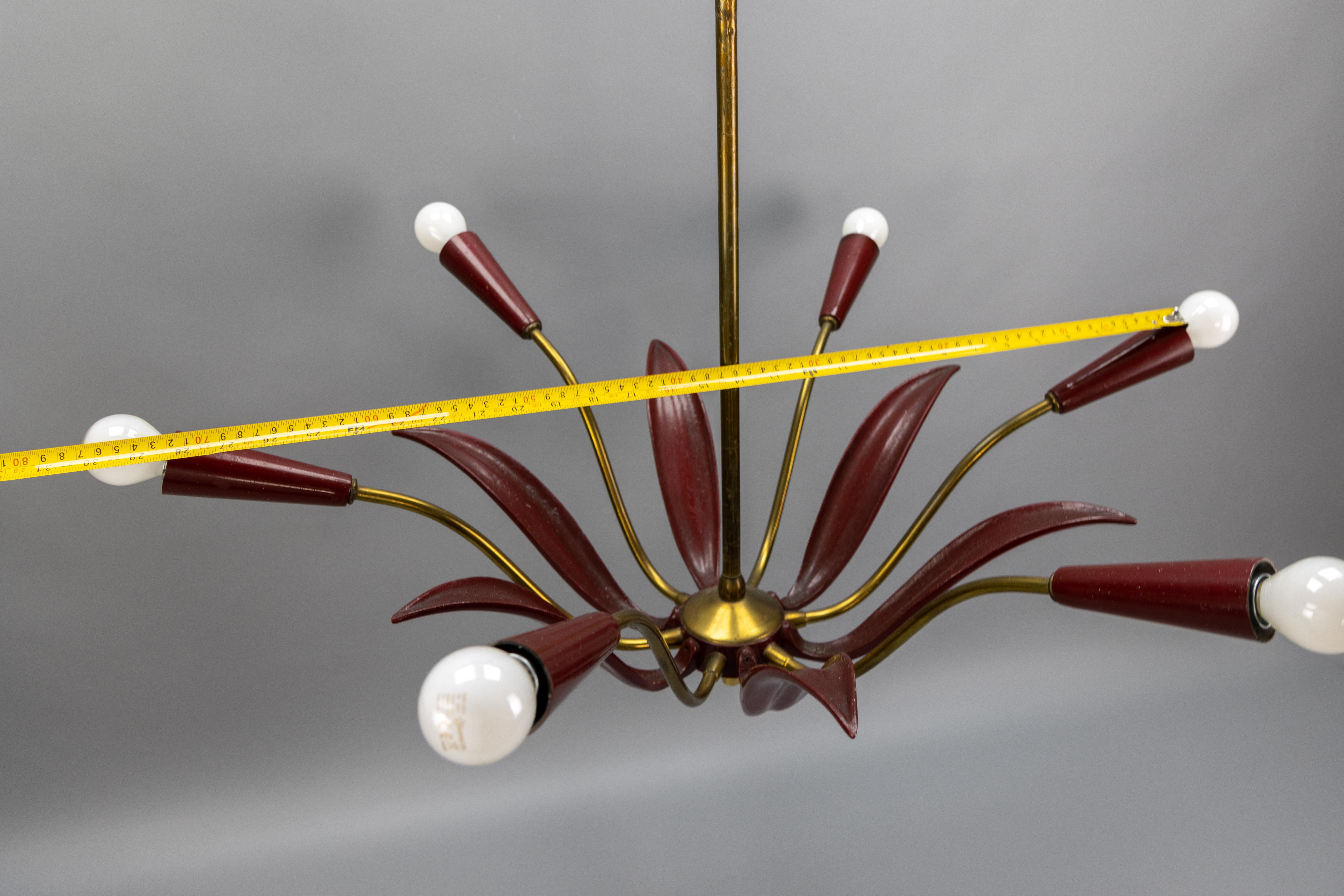 Lampadario Sputnik Modern di metà secolo in rosso e ottone, design a sei luci con fiori in vendita 11