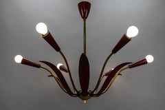 Mid-Century Modern Sputnik Chandelier in Red and Brass, Six-Light Flower Design