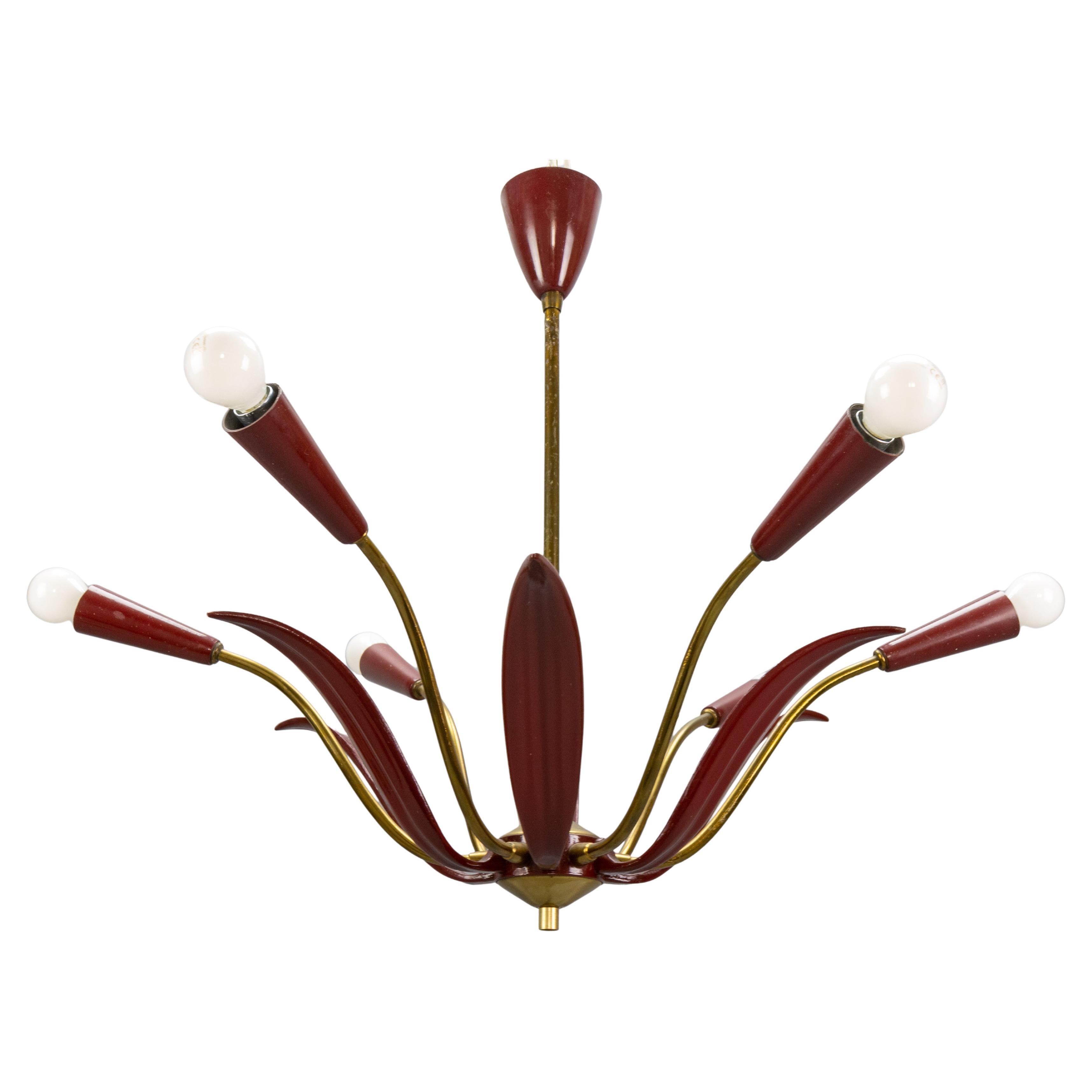 Lampadario Sputnik Modern di metà secolo in rosso e ottone, design a sei luci con fiori in vendita