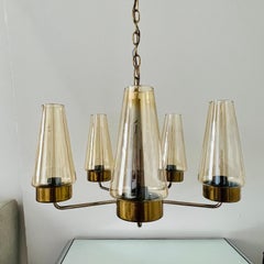 Mid-Century Modern Sputnik Chandelier in Teak, Brass, and Blown Glass, c. 1950's