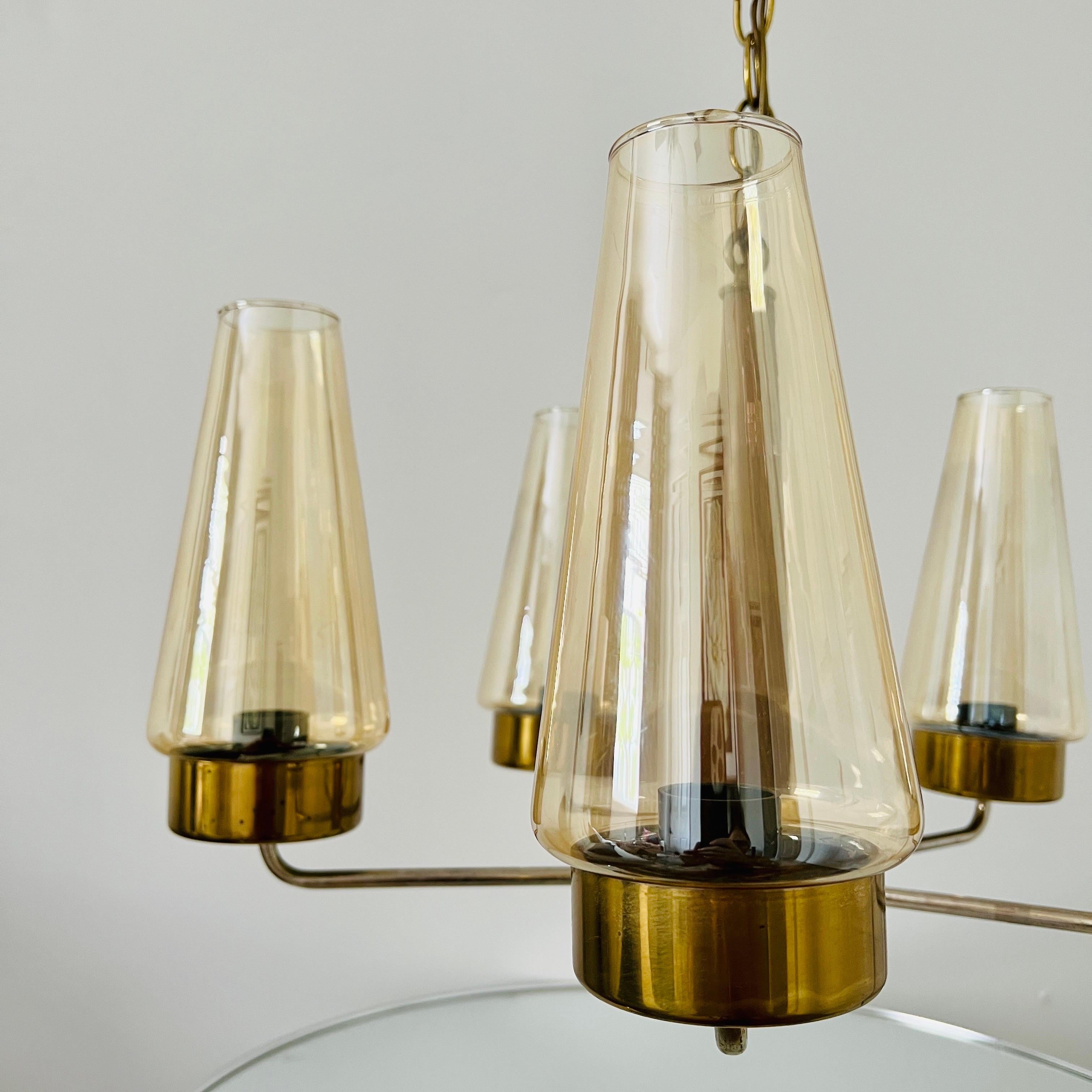 Danish Mid-Century Modern Sputnik Chandelier in Teak, Brass, and Blown Glass, c. 1950's For Sale