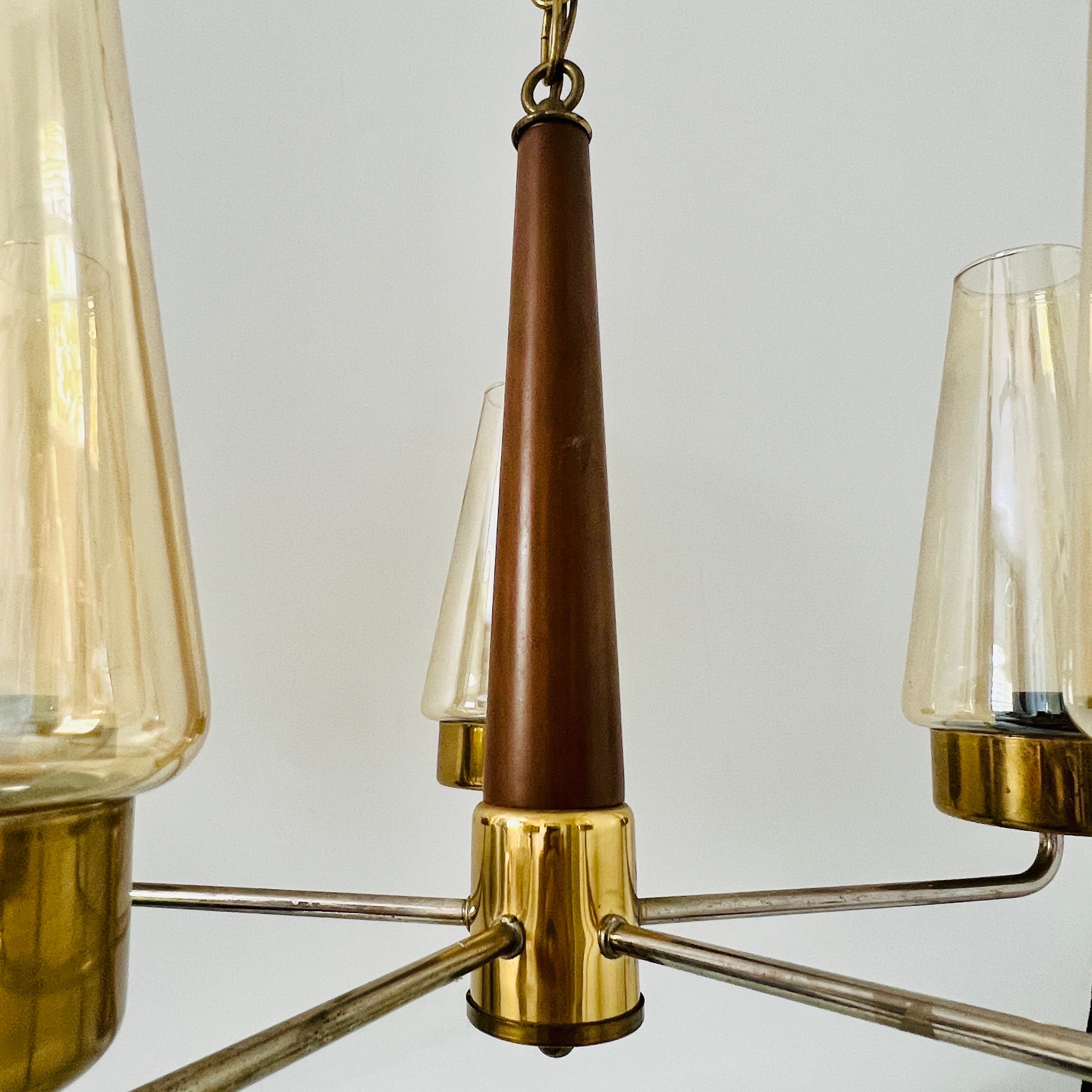 Mid-Century Modern Sputnik Chandelier in Teak, Brass, and Blown Glass, c. 1950's In Good Condition For Sale In Fort Lauderdale, FL
