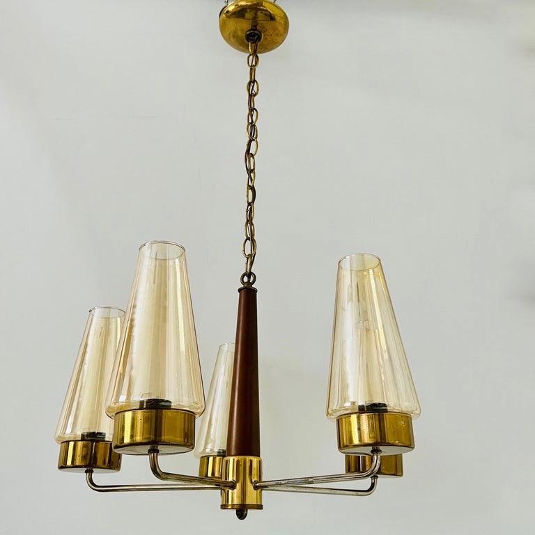 Mid-20th Century Mid-Century Modern Sputnik Chandelier in Teak, Brass, and Blown Glass, c. 1950's For Sale