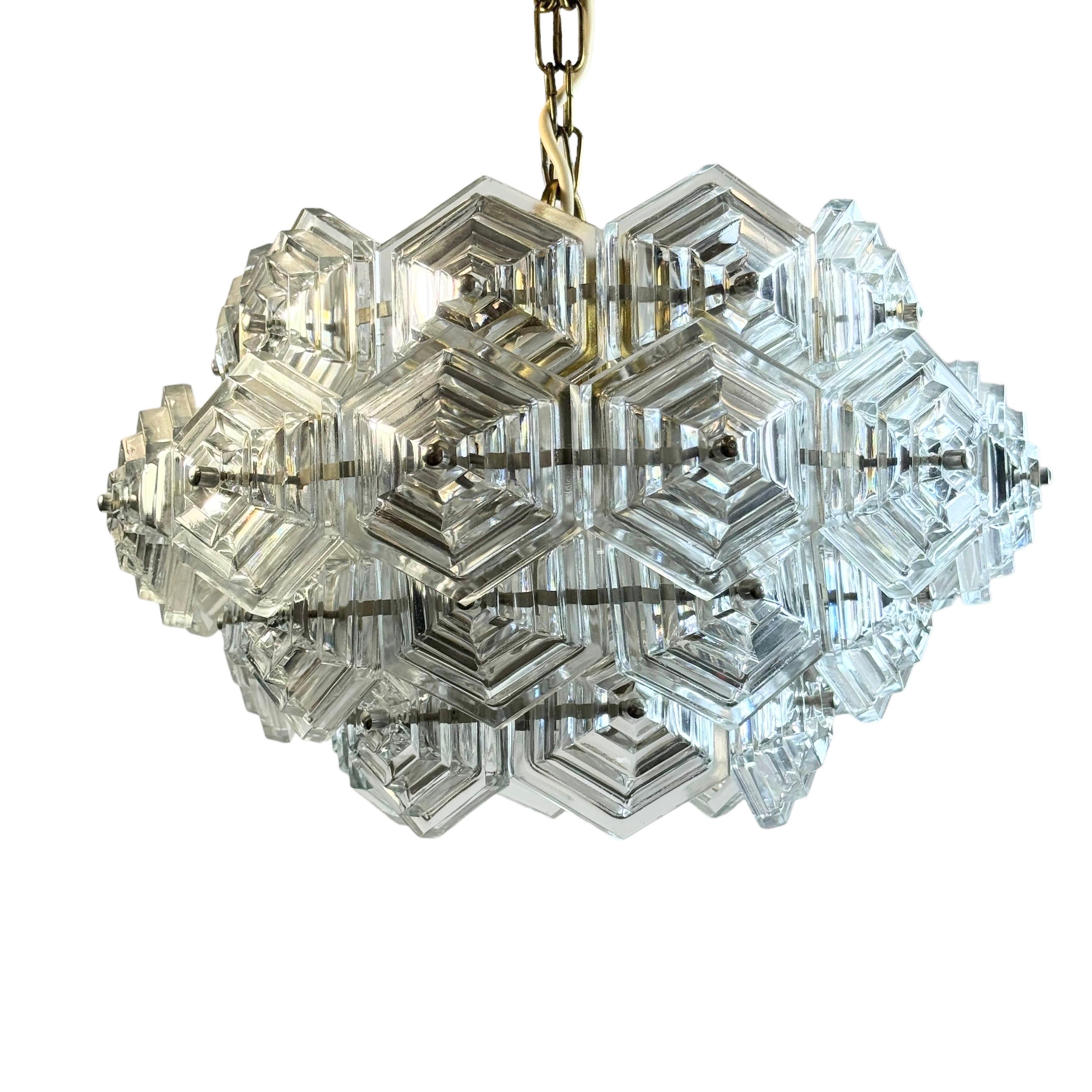 Metal Mid Century Modern Sputnik Glass Prism Chandelier Germany GDR VEB Leuchten 1960s