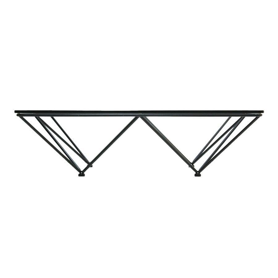 Iconic Mid-Century Modern coffee table designed by Paolo Piva for B&B Italia, Italy, in the 1970s. This is the sought-after Alanda model, featuring a geometric black lacquered tubular metal base and a clear glass rectangular top—an elegant