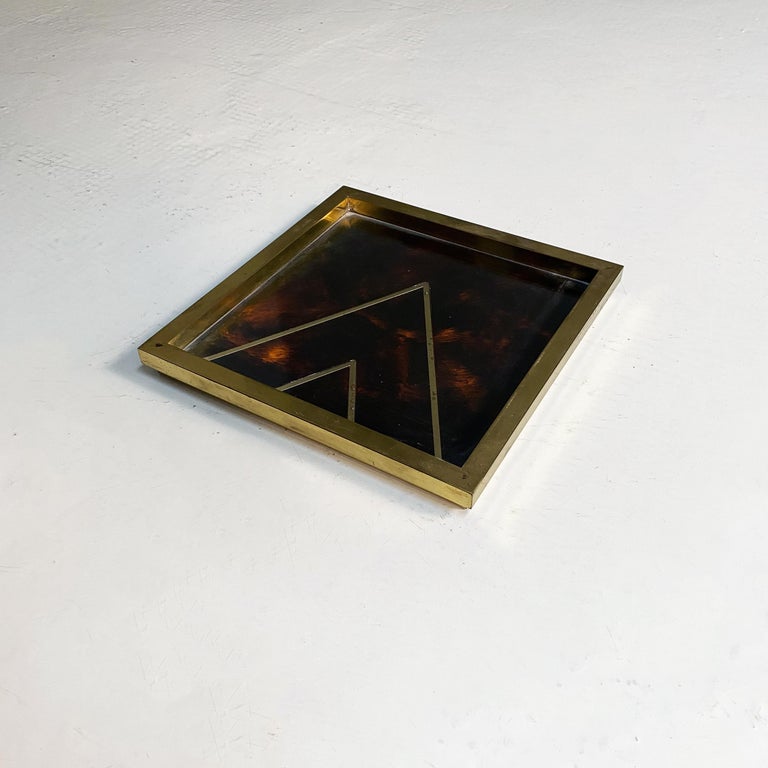 MidCentury Modern Square Brass and Briar Effect Plexiglass Object