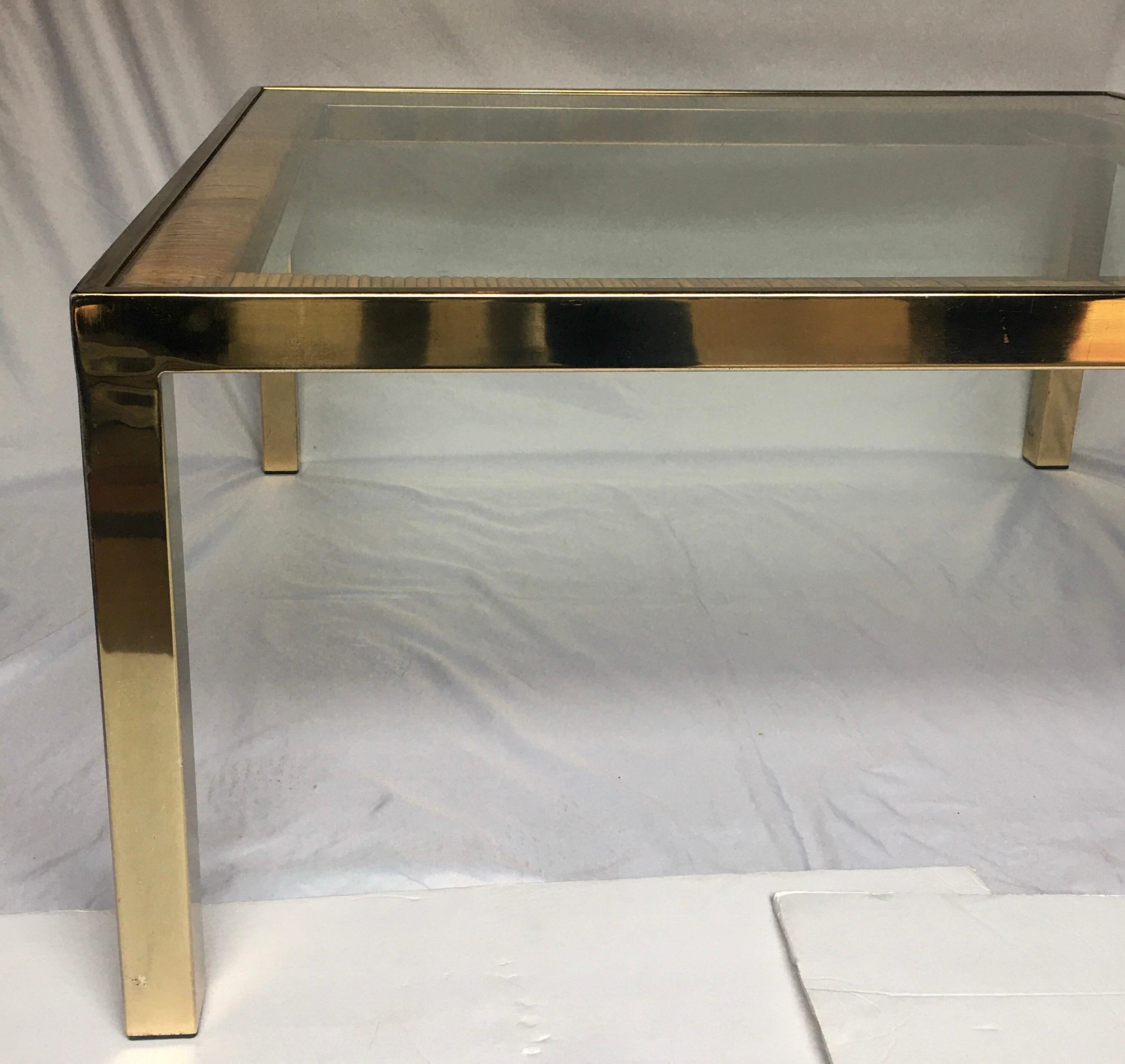 Plated Mid-Century Modern Square Brass and Rattan Coffee Table, Milo Baughman DIA Style For Sale