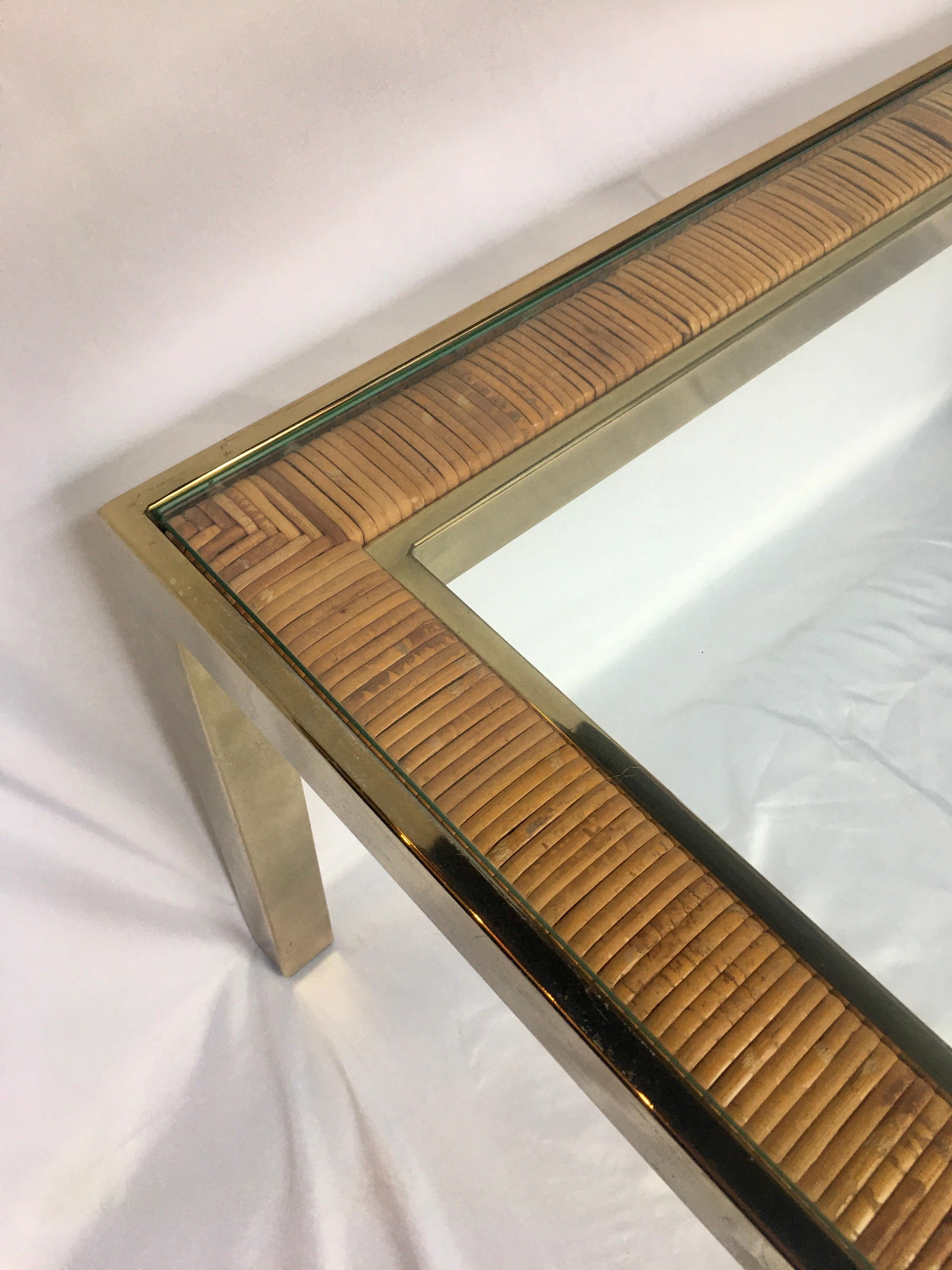 Late 20th Century Mid-Century Modern Square Brass and Rattan Coffee Table, Milo Baughman DIA Style For Sale