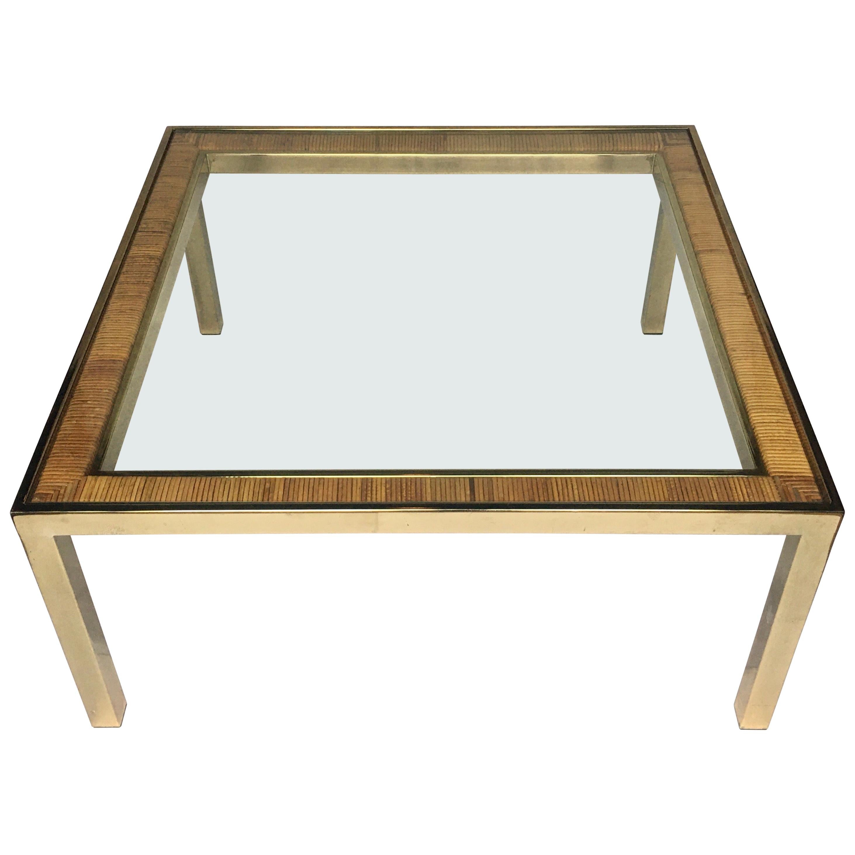 Mid-Century Modern Square Brass and Rattan Coffee Table, Milo Baughman DIA Style