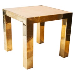 Mid-Century Modern Square Brass Travertine Marble Side Table, France, 1970