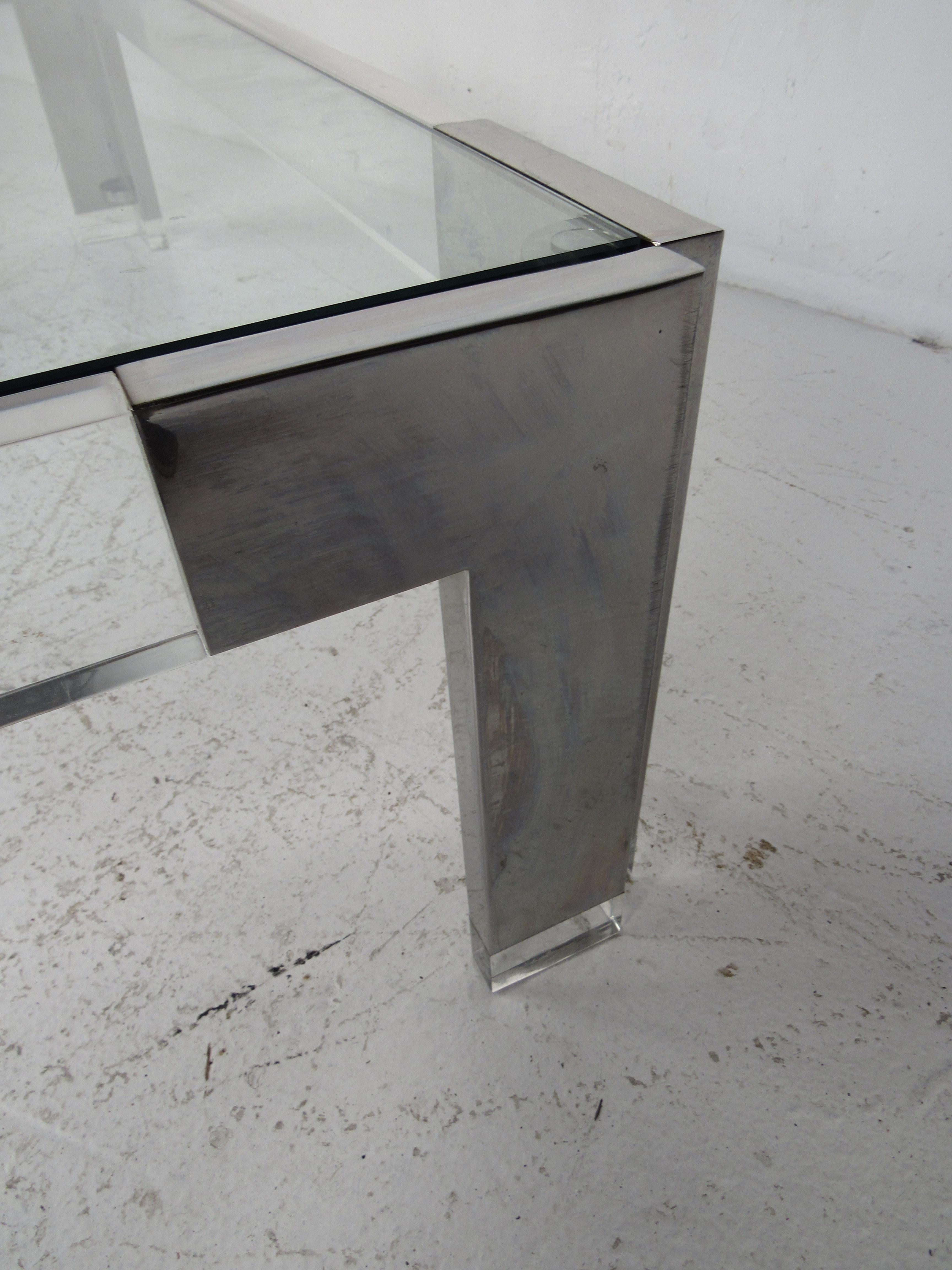 Mid-Century Modern Square Chrome and Lucite Coffee Table 6