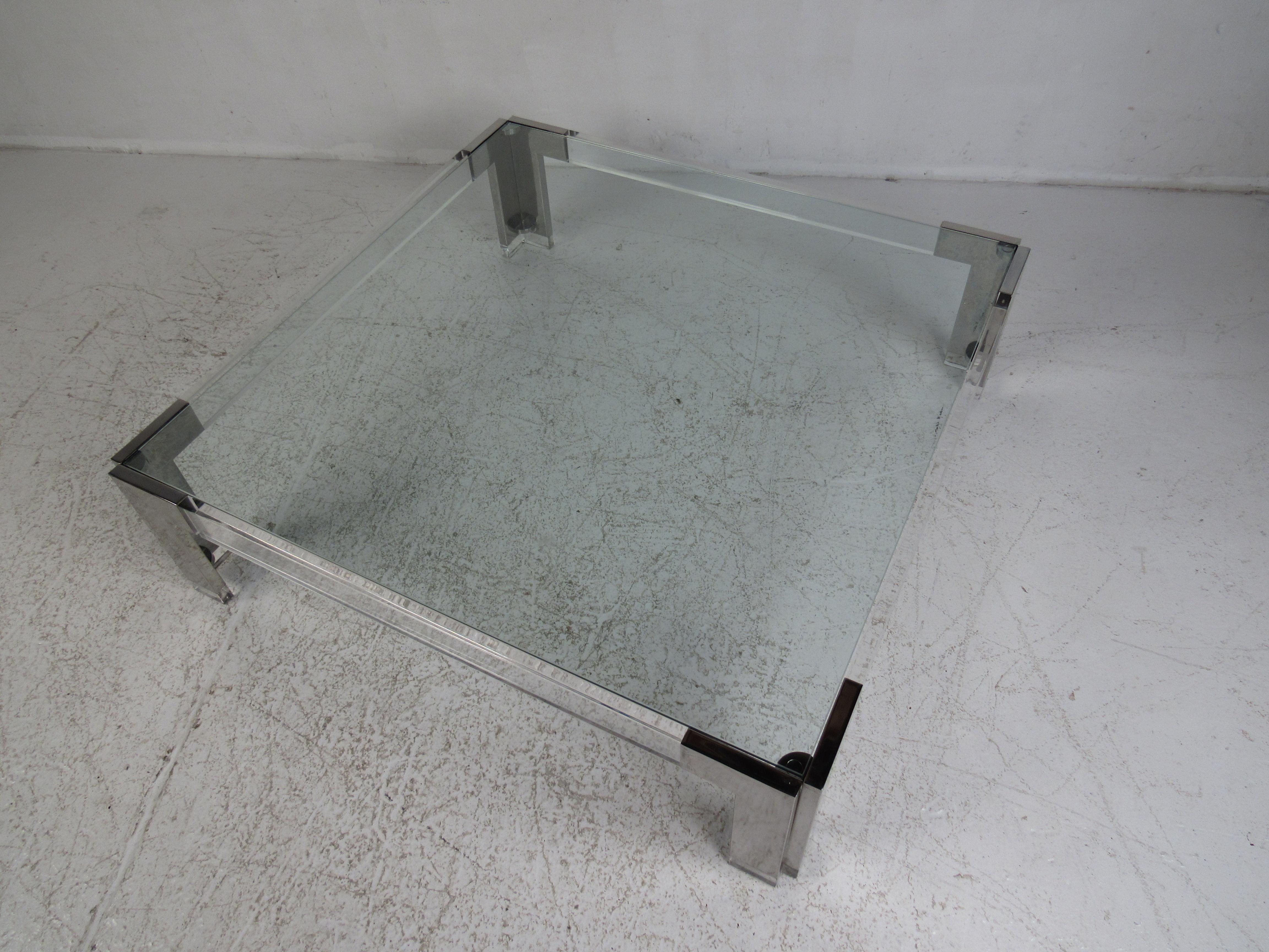 Glass Mid-Century Modern Square Chrome and Lucite Coffee Table
