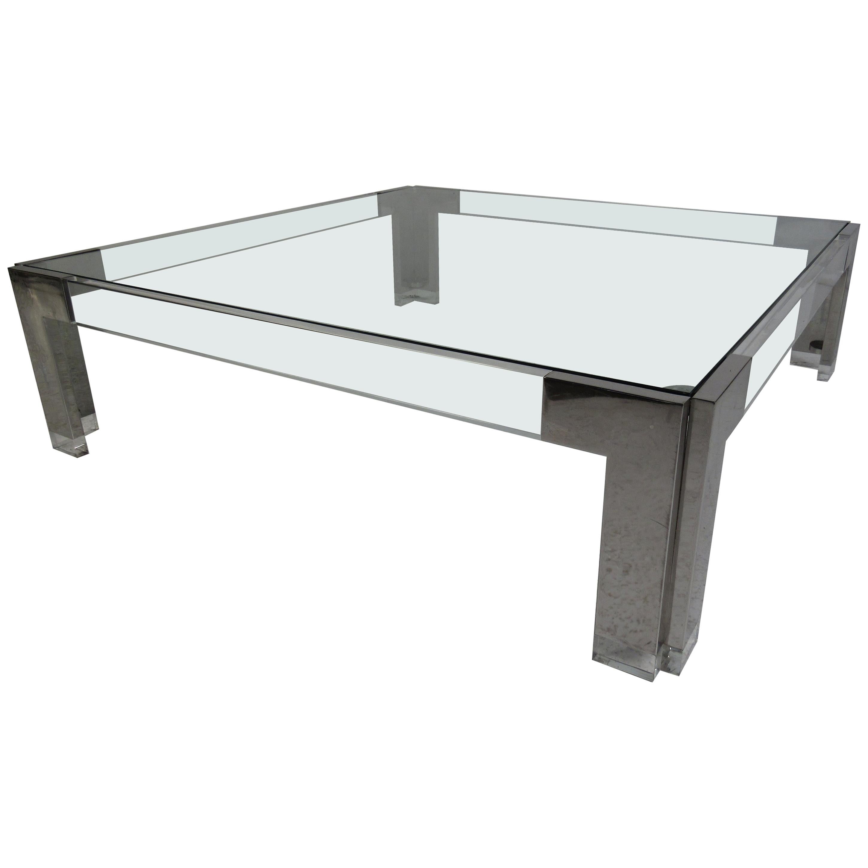 Mid-Century Modern Square Chrome and Lucite Coffee Table