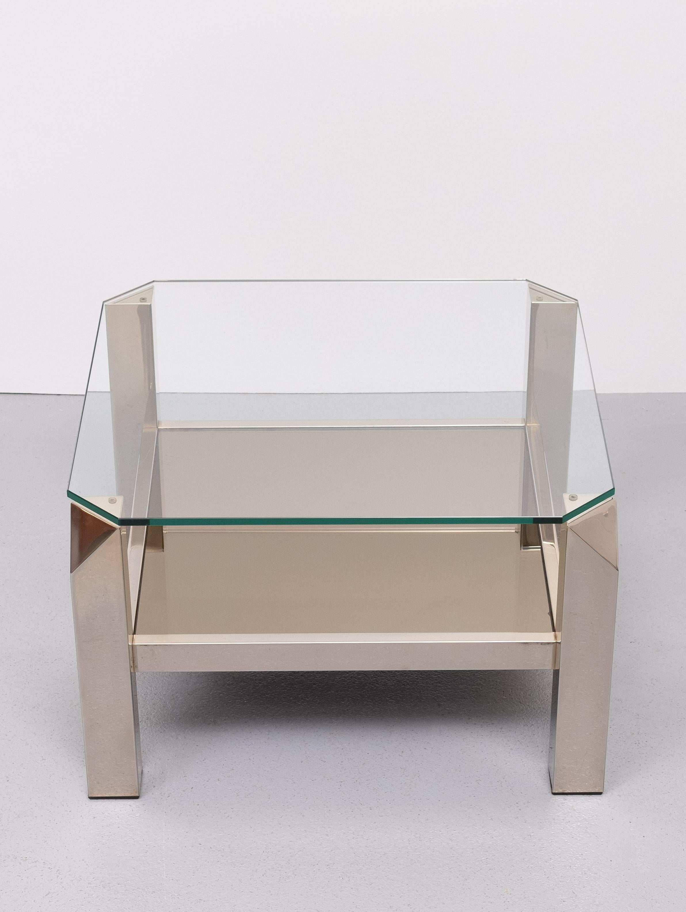 Cromo cuadrado moderno de mediados de siglo  & Mesa de centro de cristal de Belgo Chrome, años 70 Belga en venta