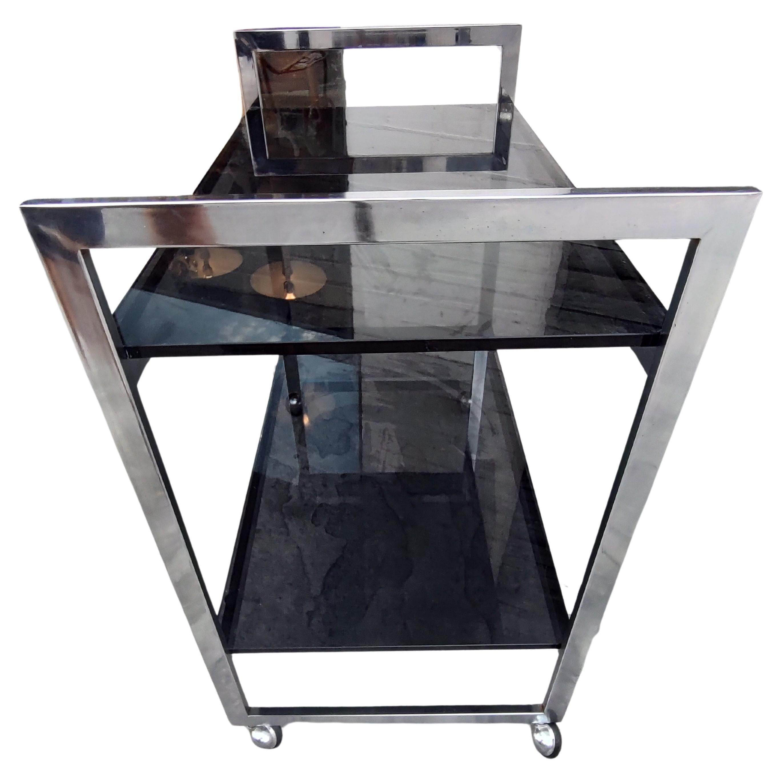 Mid-Century Modern Square Chrome with Black Glass Bar Cart, C1970 In Good Condition For Sale In Port Jervis, NY