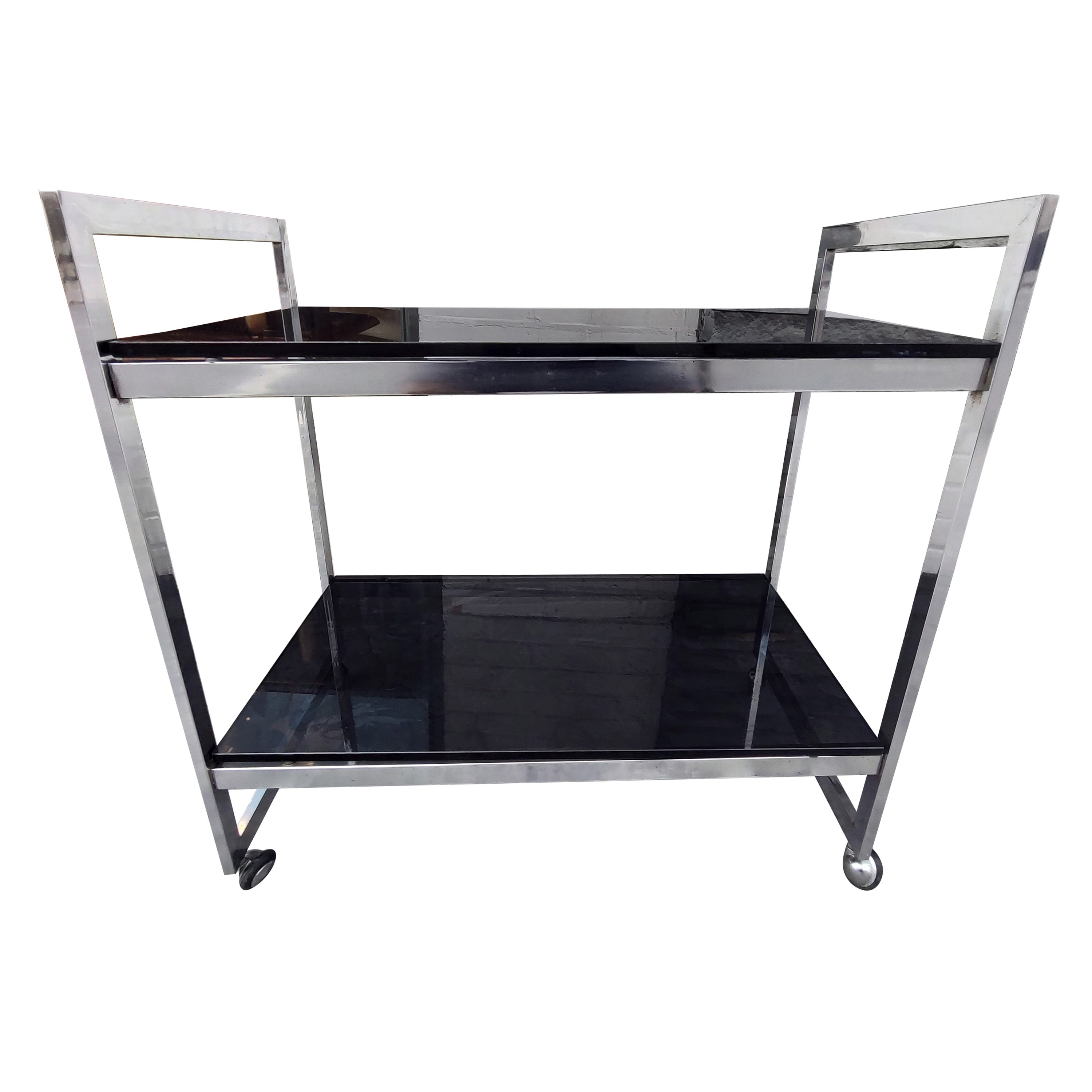 Mid-Century Modern Square Chrome with Black Glass Bar Cart, C1970 For Sale 1