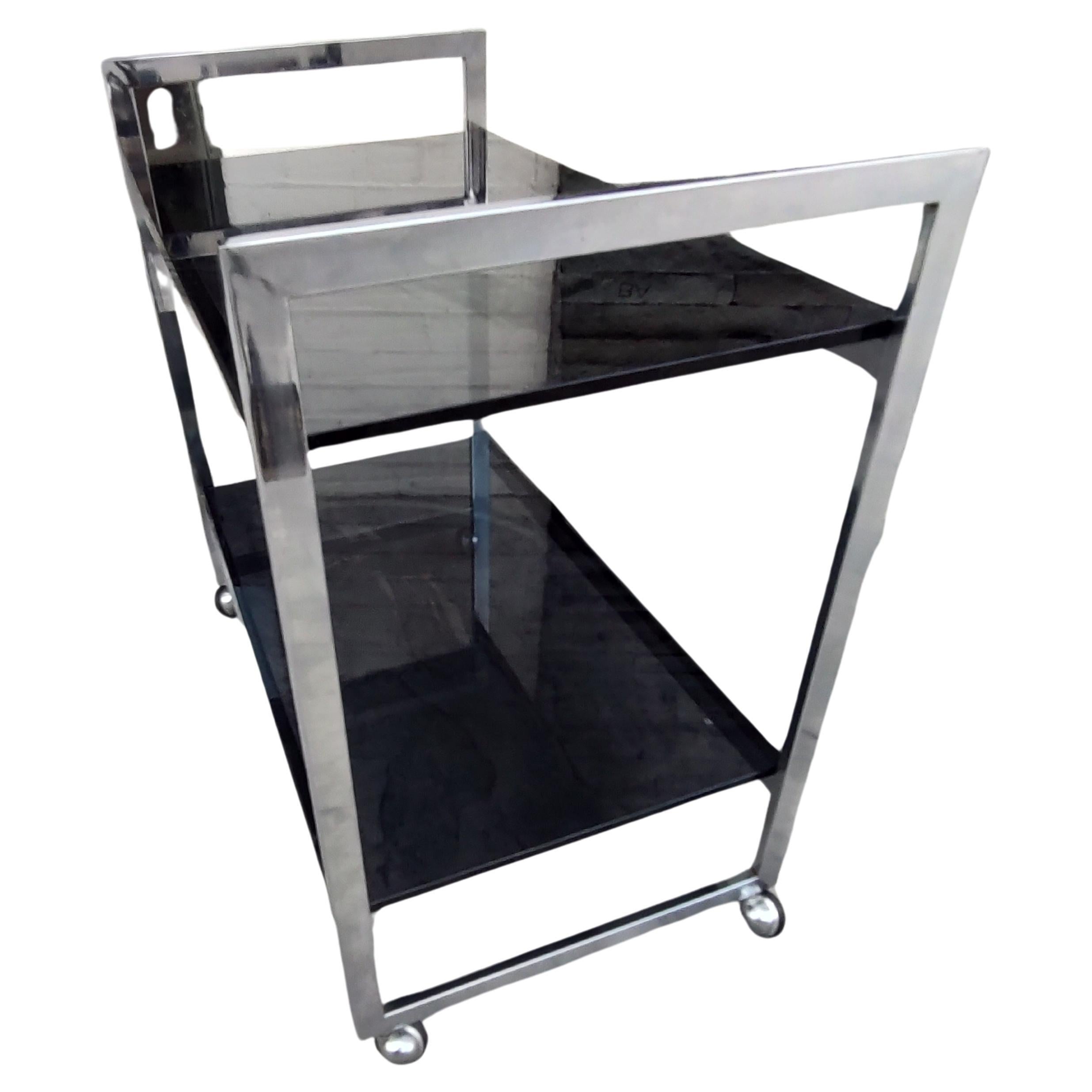 Mid-Century Modern Square Chrome with Black Glass Bar Cart, C1970