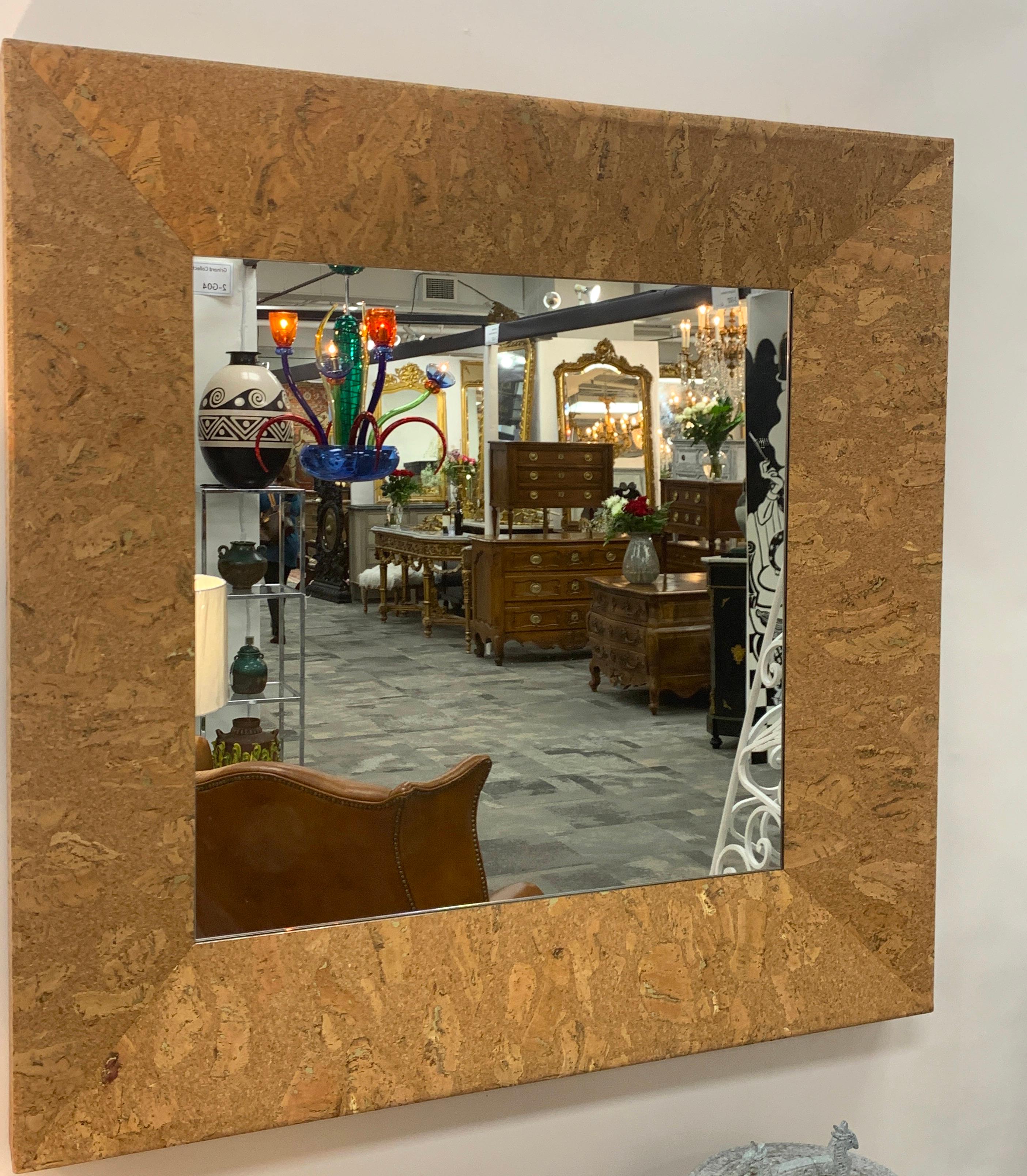 Mid-Century Modern square cork mirror, sublime design deep beveled edge with inset 25-inch square mirror
Two mirrors available.