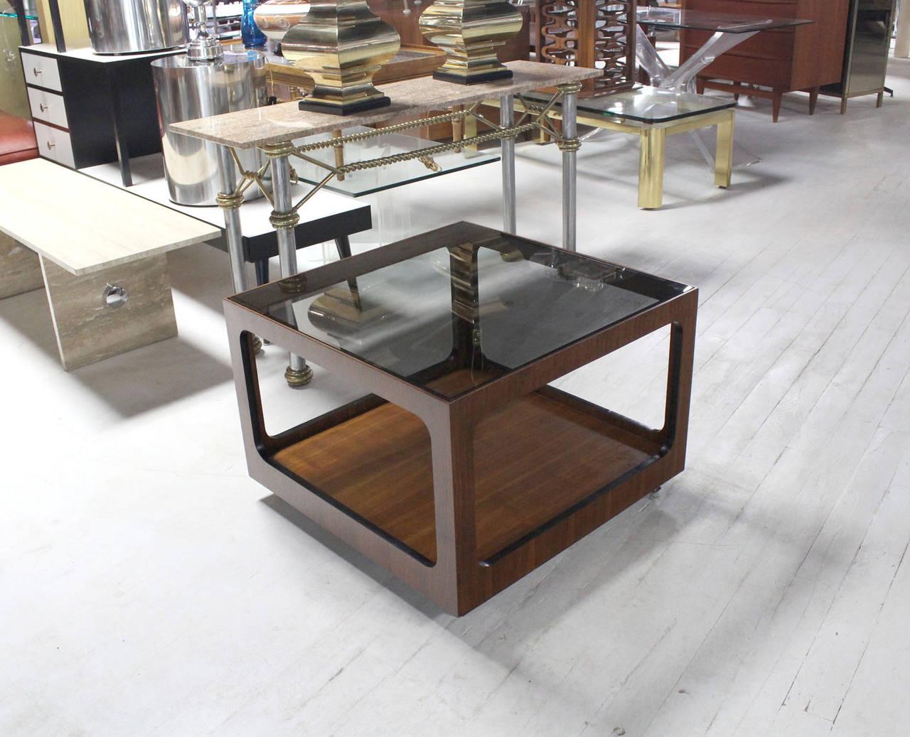 Mid Century Modern Square Cube Walnut Base Glass Top Coffee Side End Lamp Table Stand Mint.