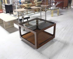 Mid Century Modern Square Cube Walnut Base Glass Top Coffee Side End Lamp Table