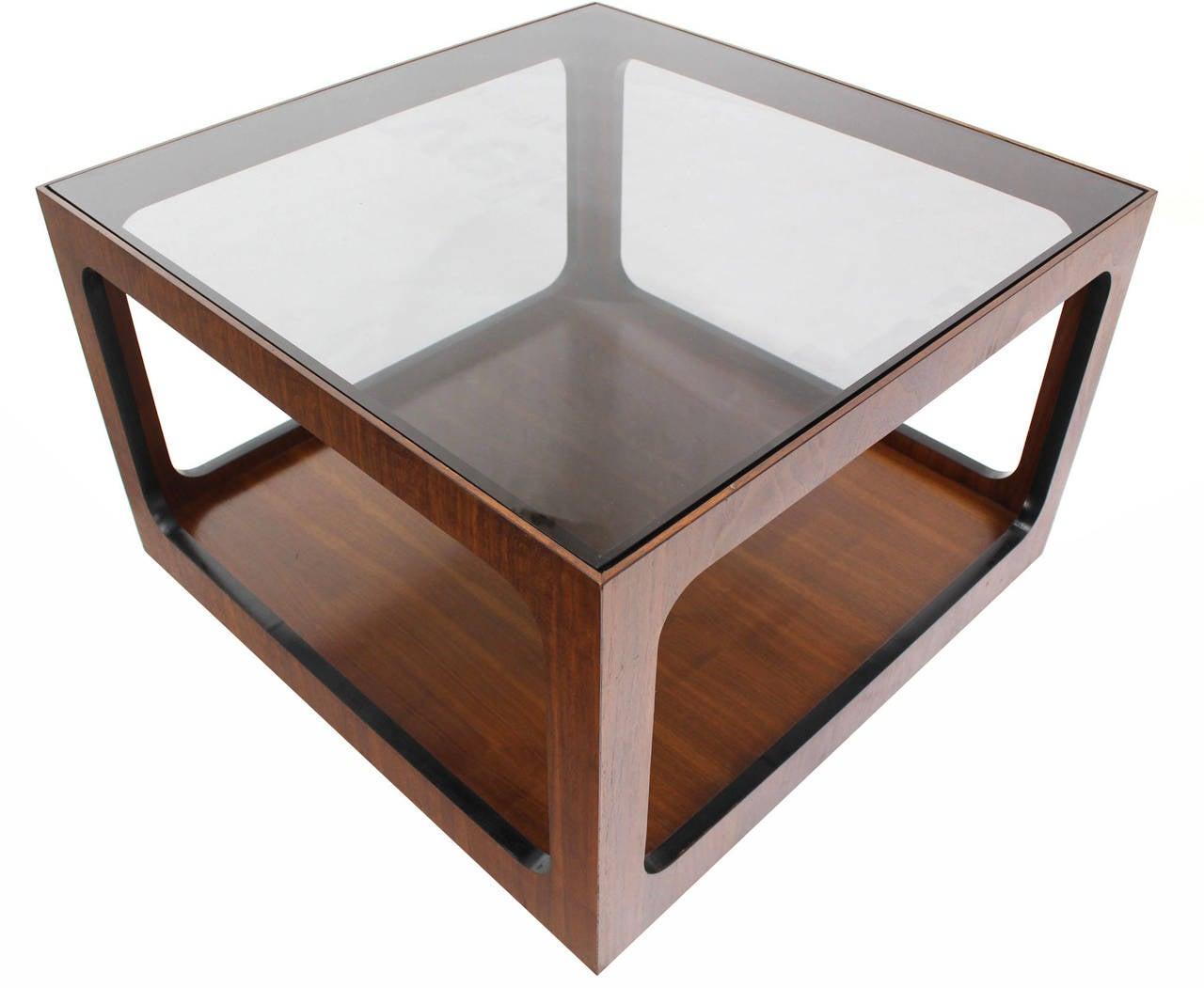 Oiled Mid Century Modern Square Cube Walnut Base Glass Top Coffee Side End Lamp Table For Sale