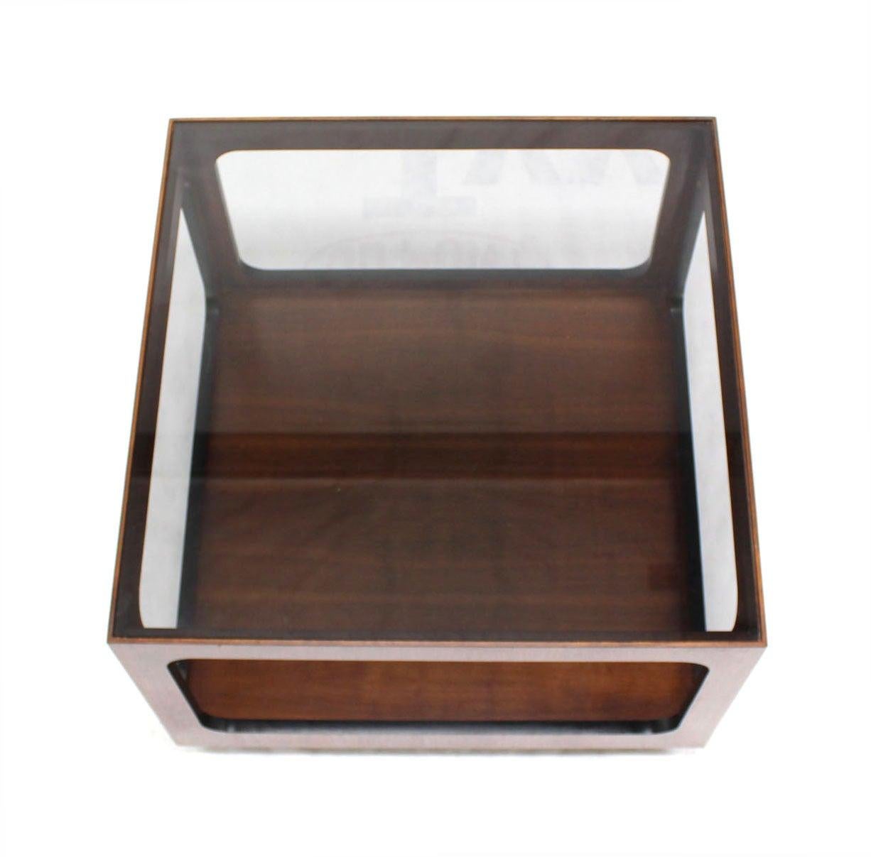 20th Century Mid Century Modern Square Cube Walnut Base Glass Top Coffee Side End Lamp Table For Sale