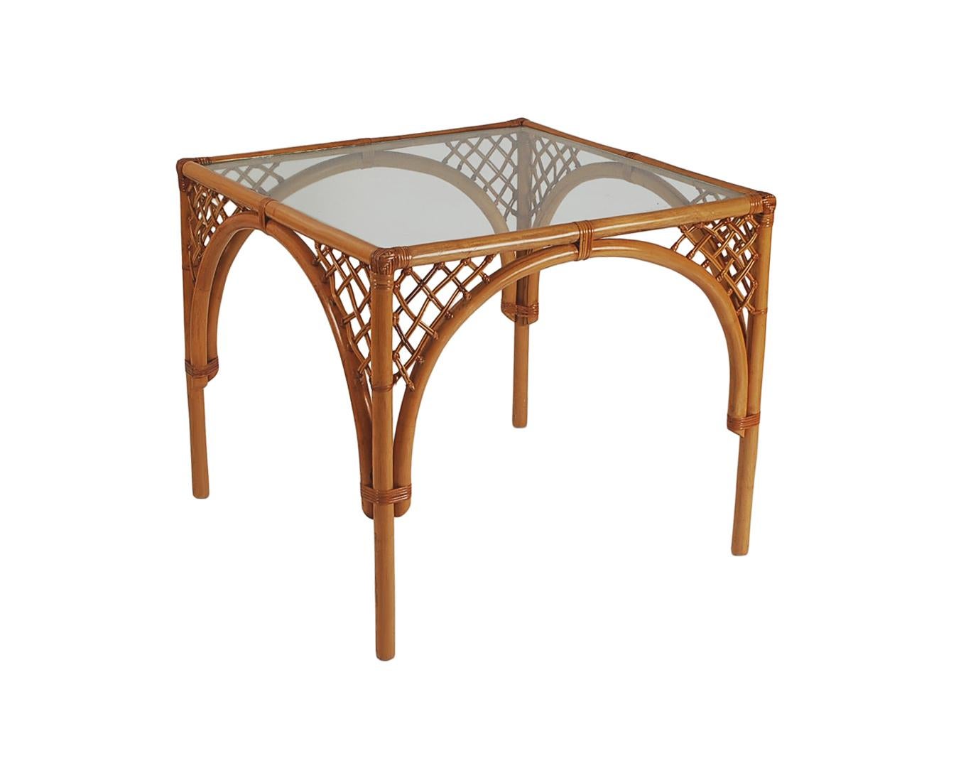 Mid-Century Modern Square Dining or Card Table in Rattan & Glass In Good Condition In Philadelphia, PA
