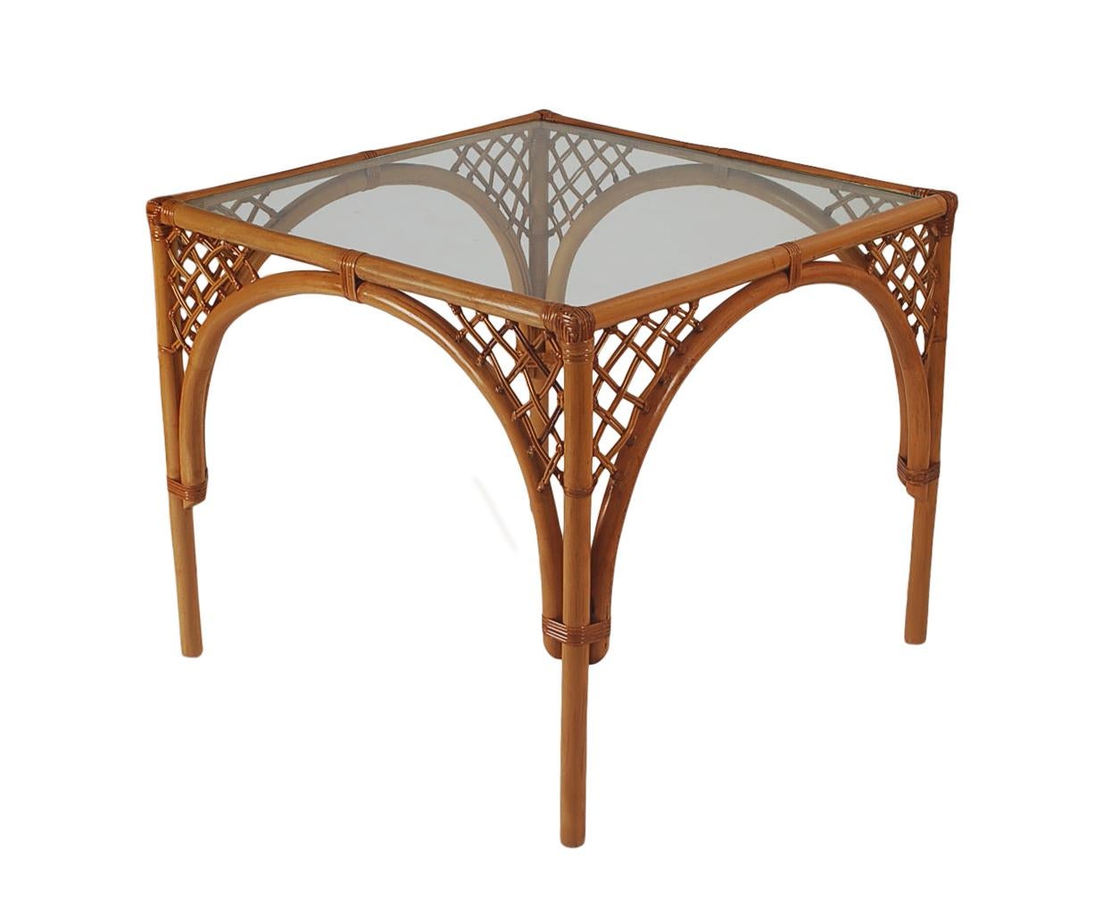 Mid-Century Modern Square Dining or Card Table in Rattan & Glass 1