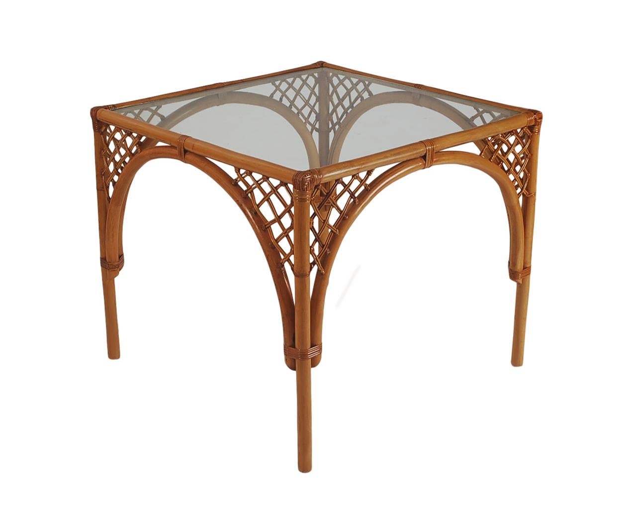 Mid-Century Modern Square Dining or Card Table in Rattan & Glass 3