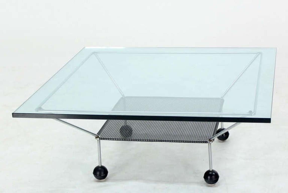 Mid Century Modern Square Glass Top Coffee Table Atomic Round Ball Shape Legs For Sale 2